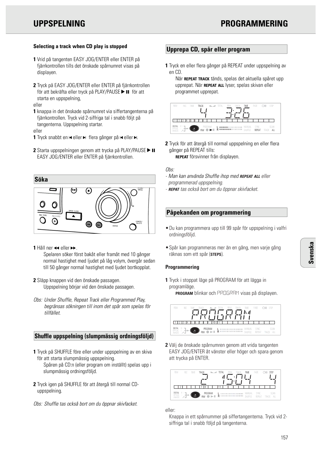 Philips CDR950/951 manual Uppspelning Programmering, Söka, Upprepa CD, spår eller program, Påpekanden om programmering 