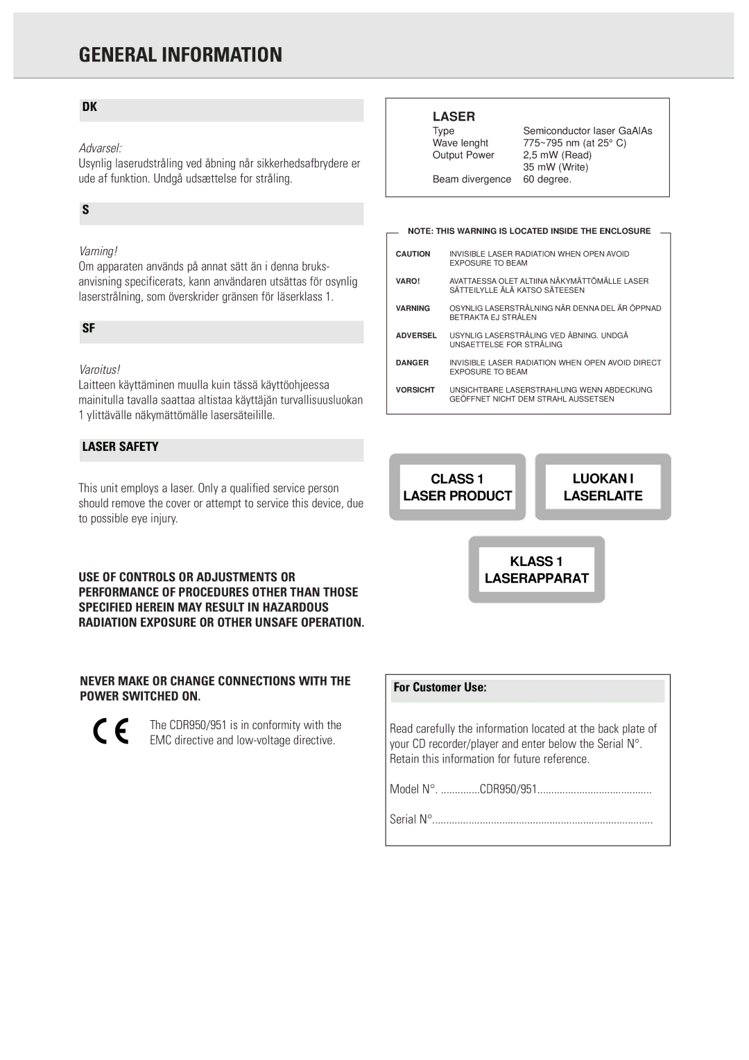 Philips CDR950/951 manual General Information, Laser Safety, Never Make or Change Connections with the Power Switched on 