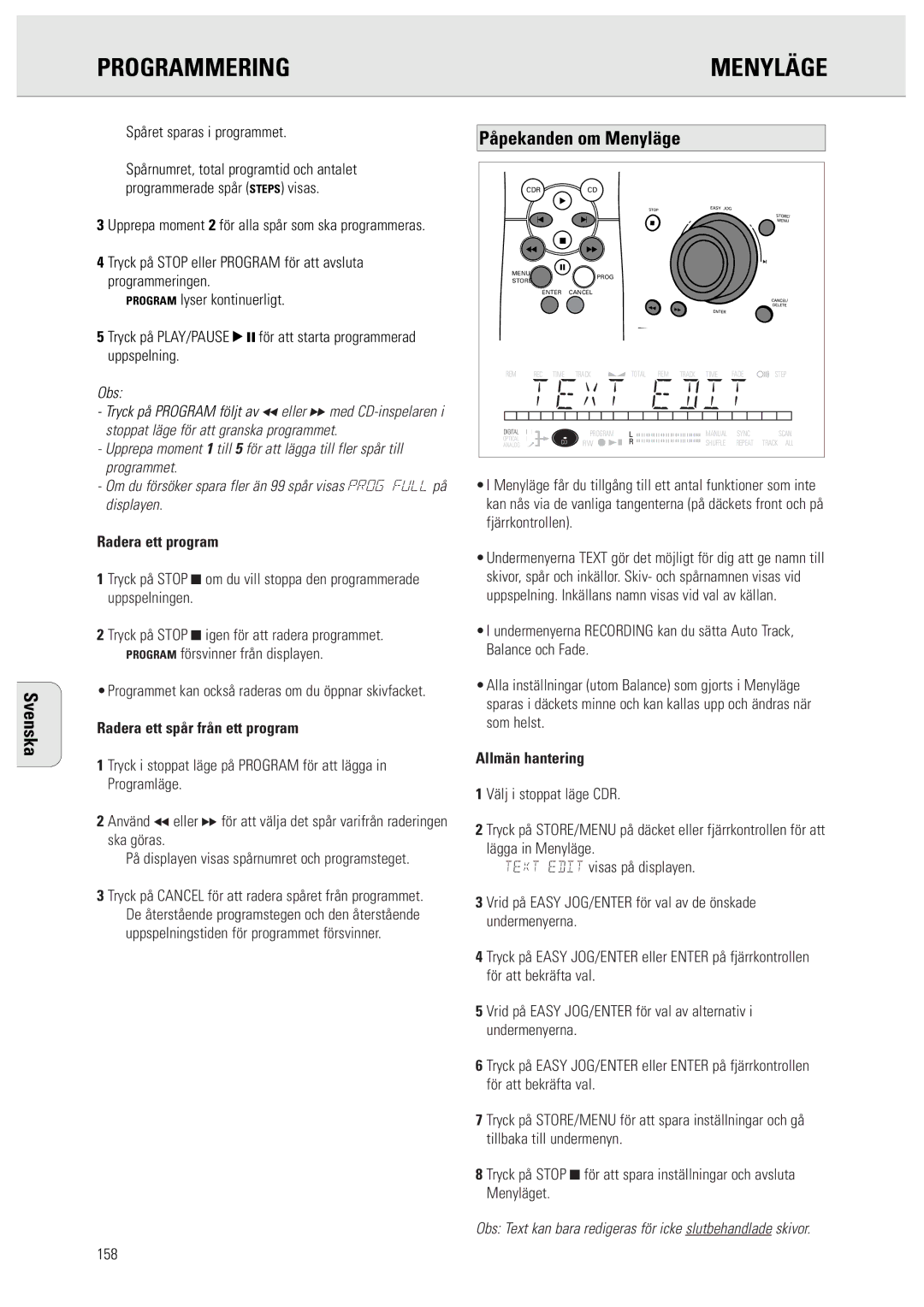 Philips CDR950/951 manual Påpekanden om Menyläge, Radera ett program, Radera ett spår från ett program, Allmän hantering 