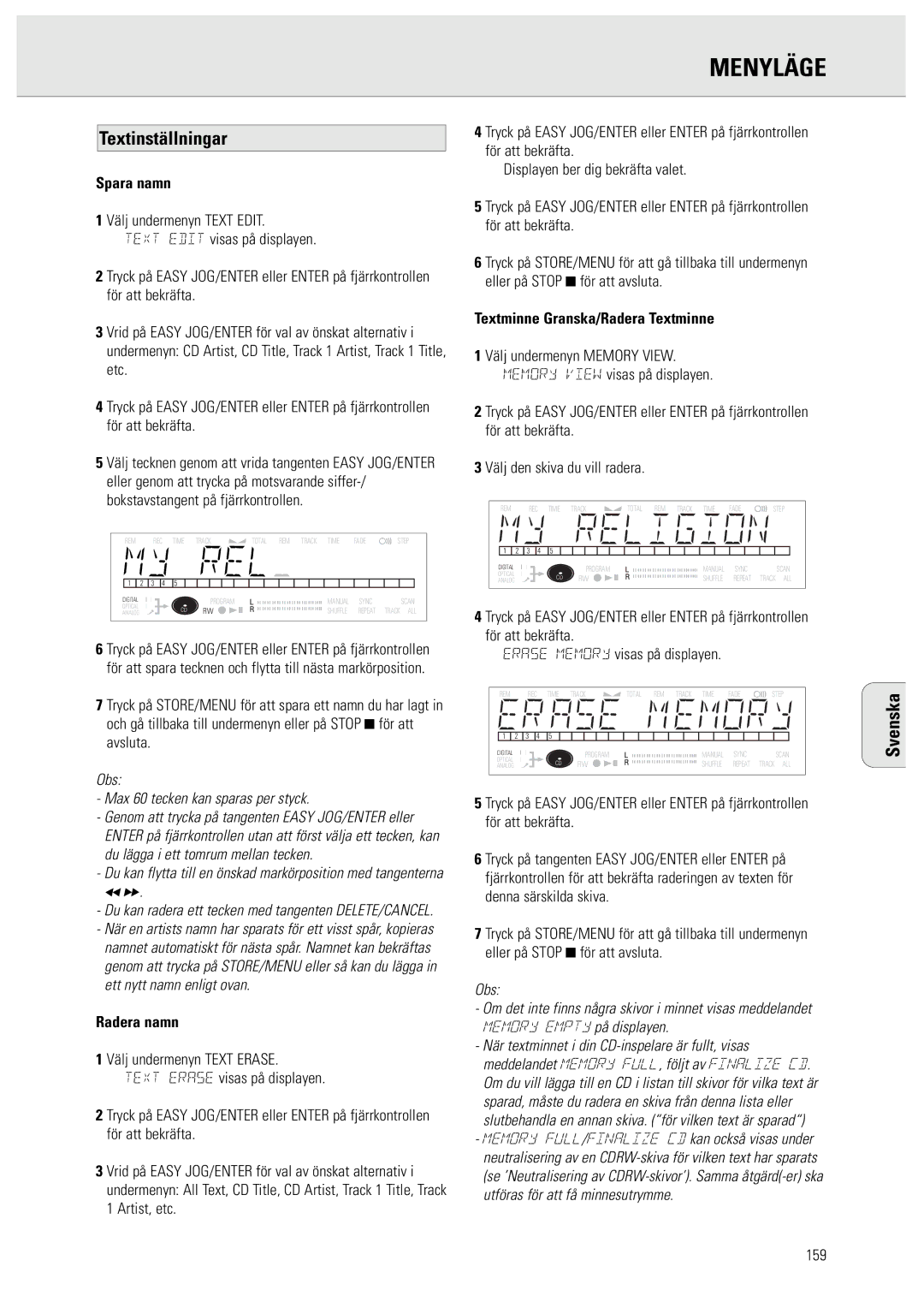 Philips CDR950/951 manual Menyläge, Textinställningar, Spara namn, Radera namn, Textminne Granska/Radera Textminne 