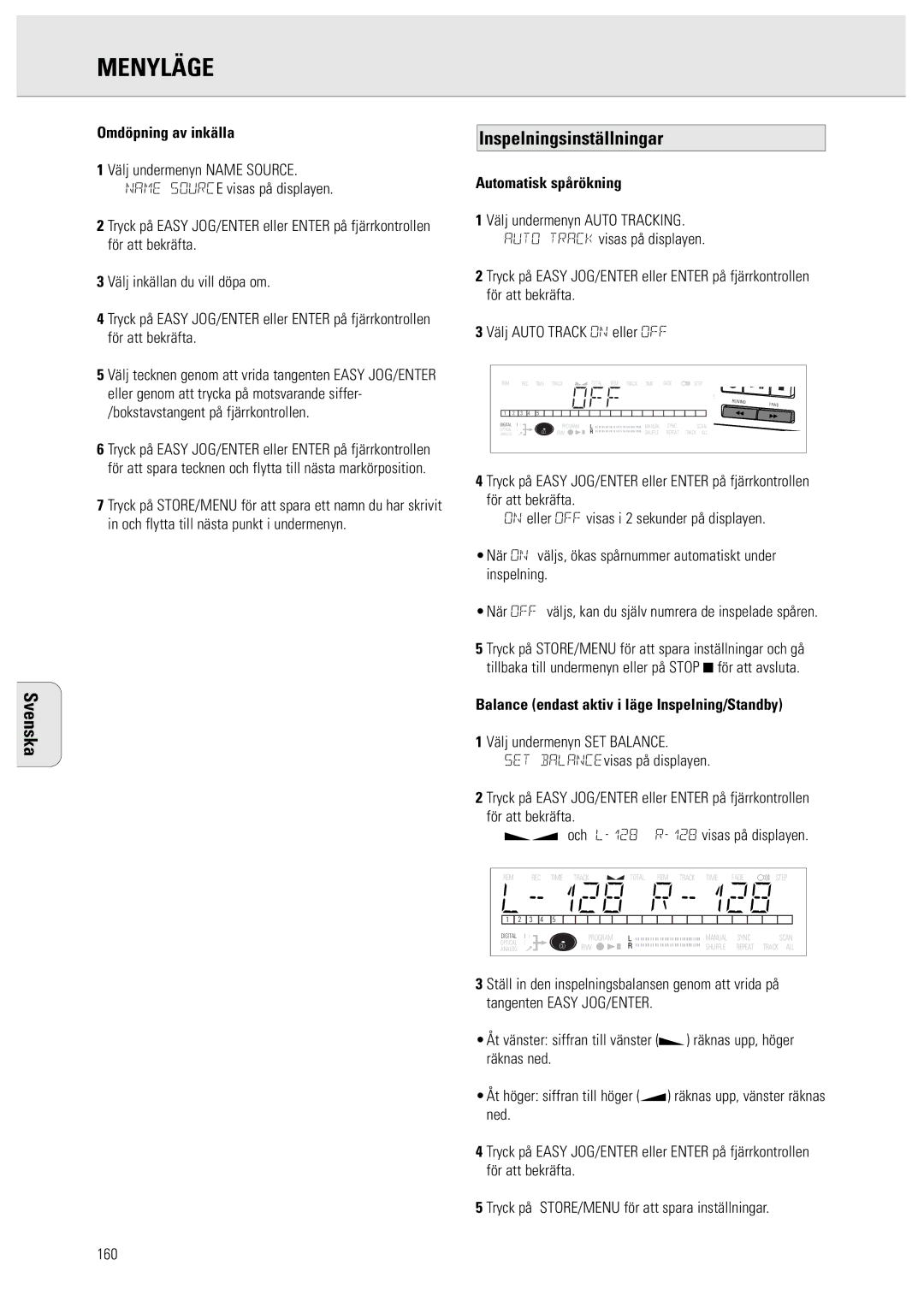 Philips CDR950/951 manual Inspelningsinställningar, Omdöpning av inkälla, Automatisk spårökning 