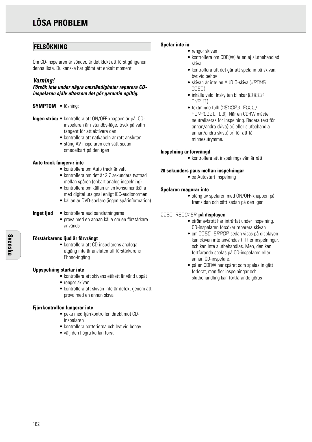 Philips CDR950/951 manual Lösa Problem 