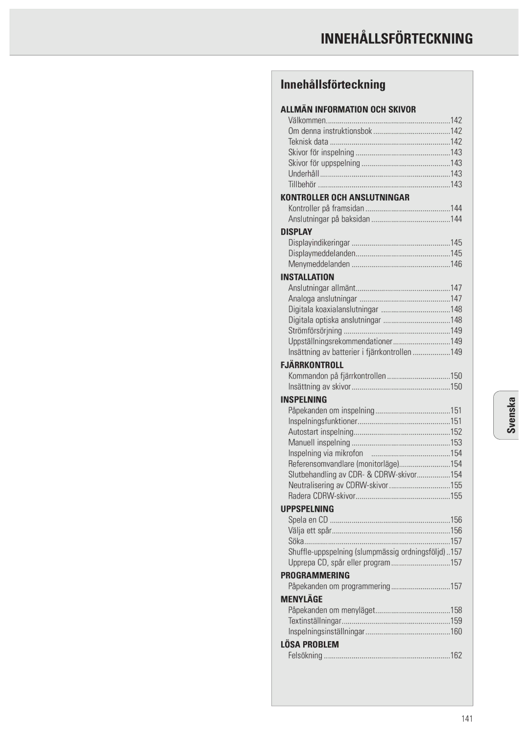 Philips CDR950/951 manual Innehållsförteckning, Svenska 