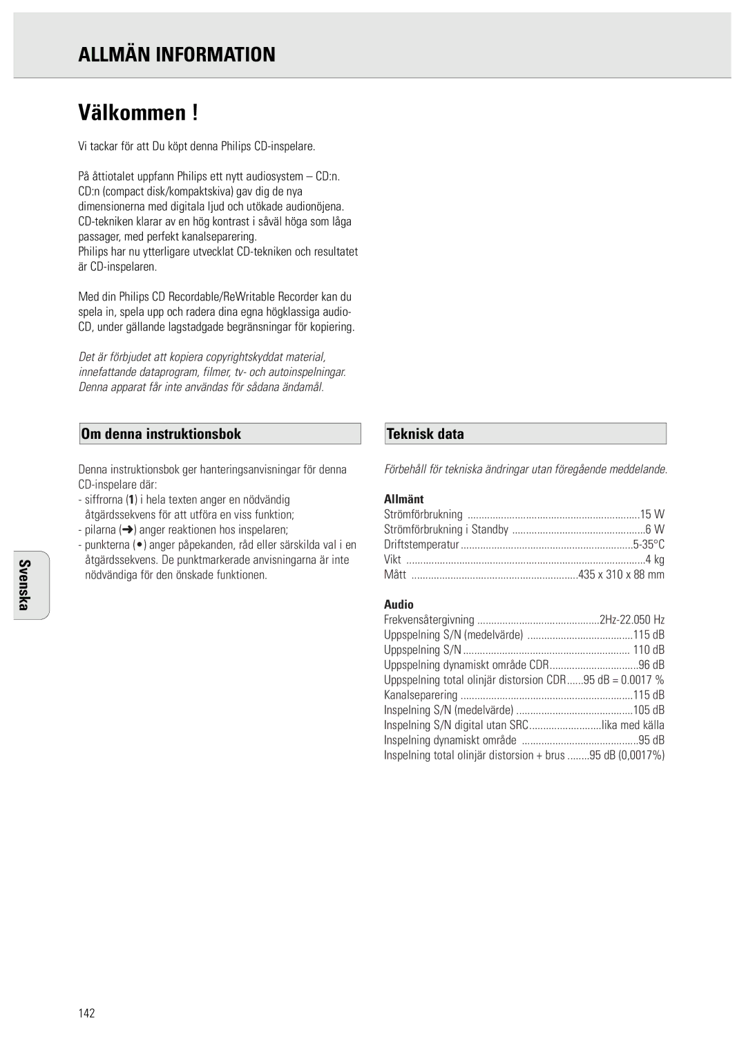 Philips CDR950/951 manual Allmän Information, Svenska Om denna instruktionsbok, Teknisk data, Allmänt, Audio 