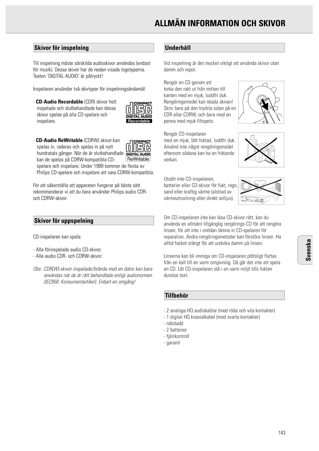 Philips CDR950/951 manual Allmän Information OCH Skivor, Skivor för inspelning, Skivor för uppspelning, Underhåll 