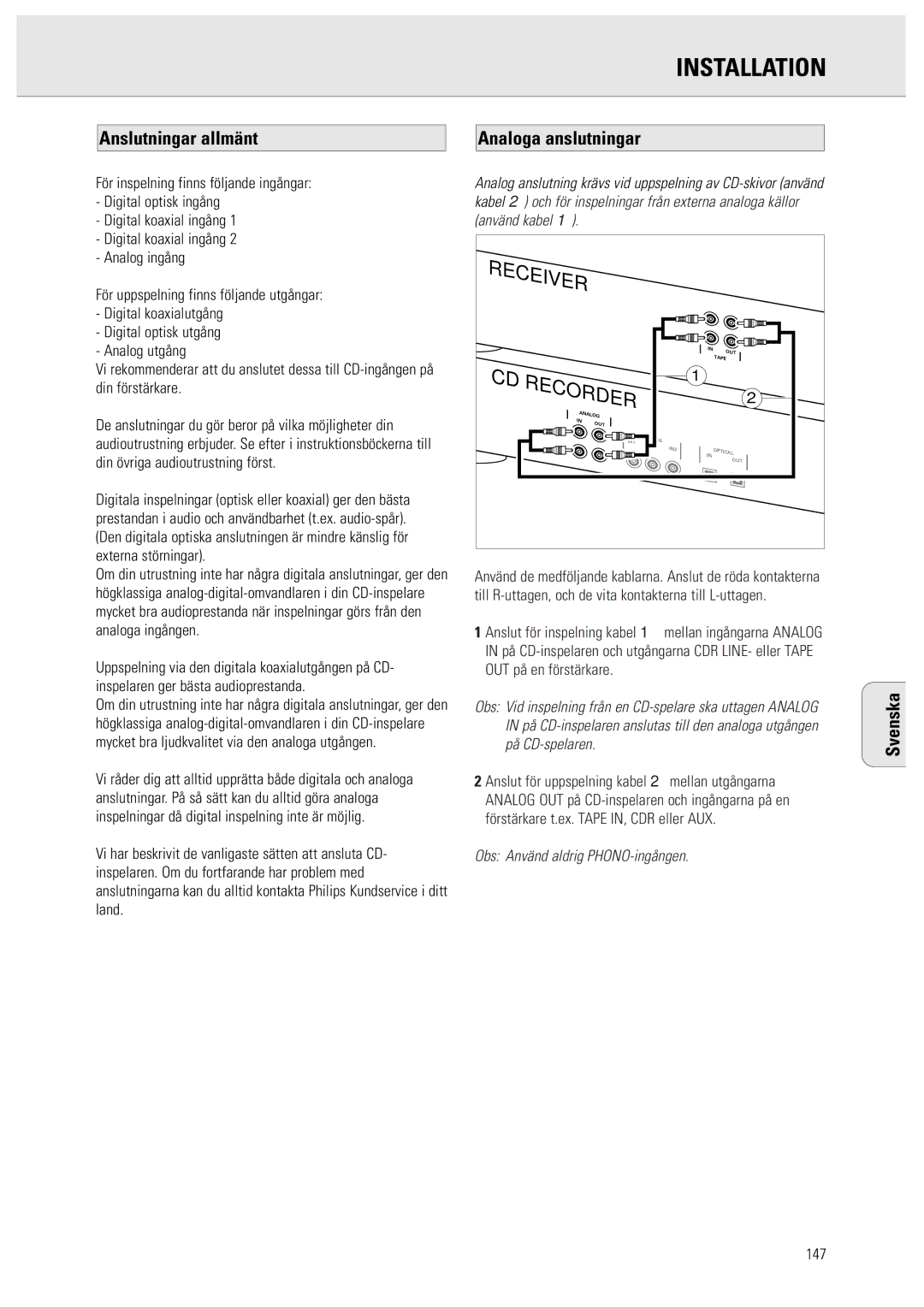 Philips CDR950/951 manual Installation, Anslutningar allmänt Analoga anslutningar, Obs Använd aldrig PHONO-ingången, 147 