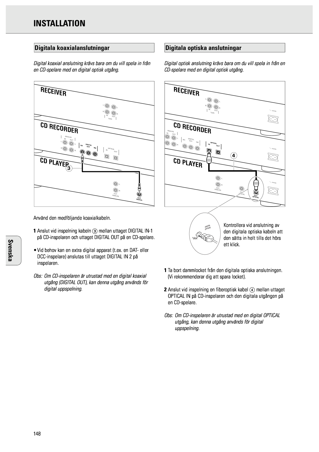 Philips CDR950/951 manual Digitala koaxialanslutningar, Digitala optiska anslutningar, Installation, Svenska 