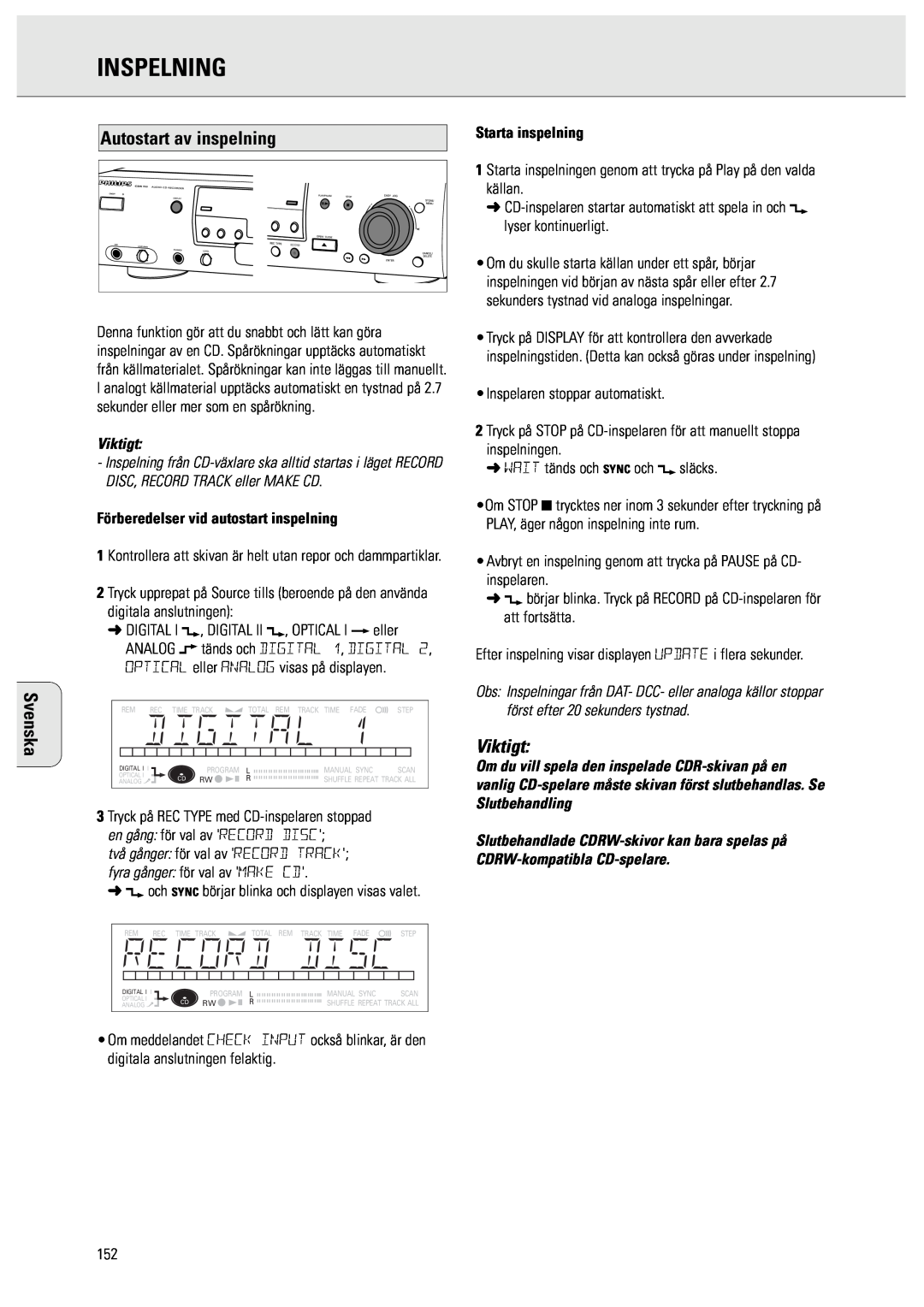 Philips CDR950/951 manual Autostart av inspelning, Förberedelser vid autostart inspelning, Inspelning, Svenska, Viktigt 