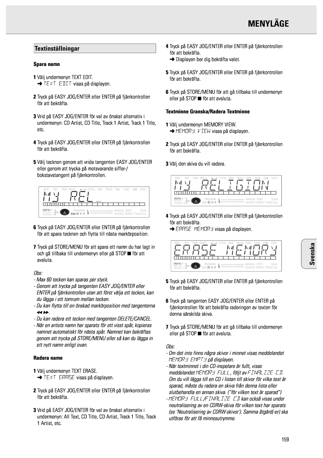 Philips CDR950/951 manual Menyläge, Textinställningar, Spara namn, Radera namn, Textminne Granska/Radera Textminne, Svenska 
