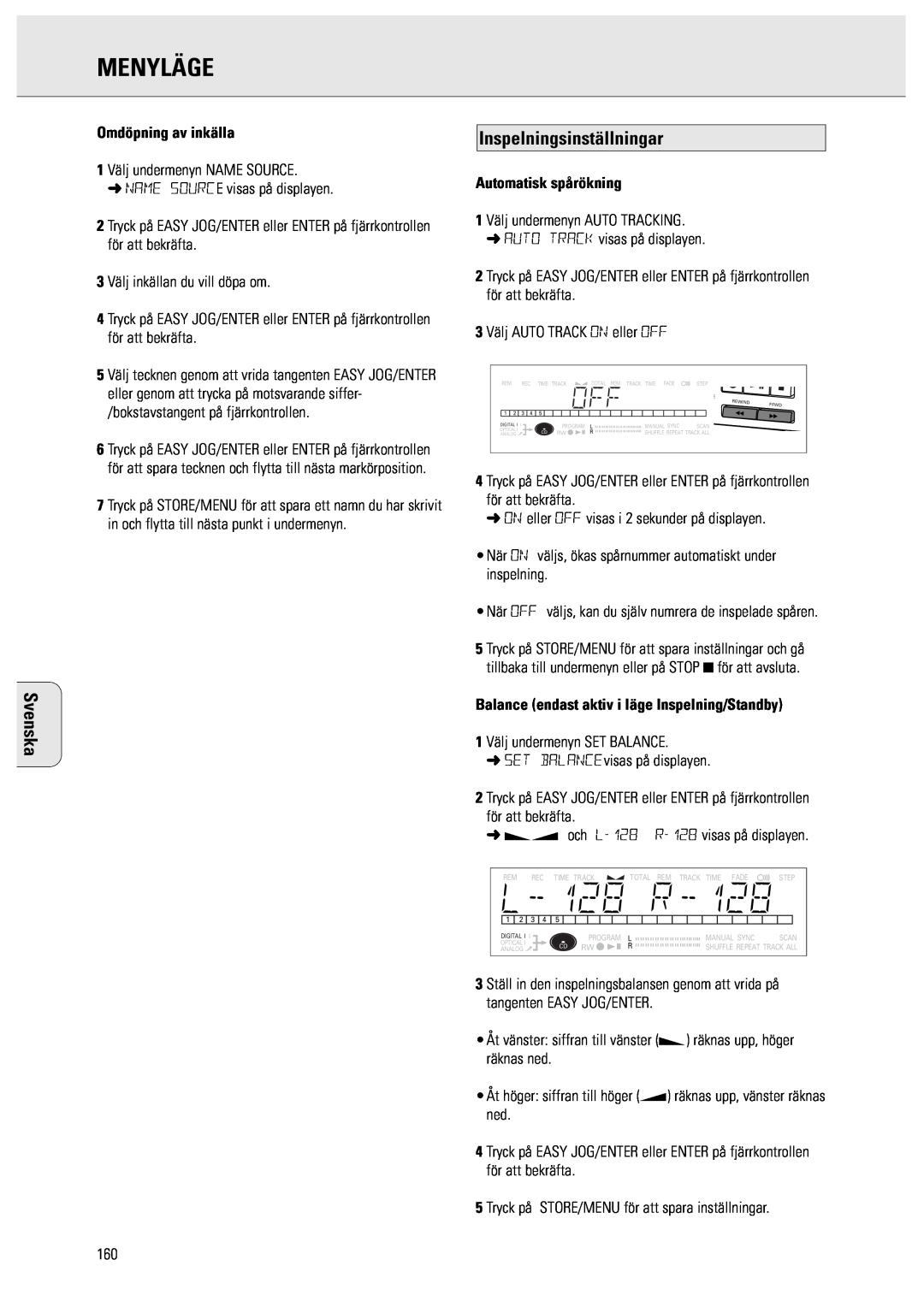 Philips CDR950/951 manual Inspelningsinställningar, Omdöpning av inkälla, Automatisk spårökning, Menyläge, Svenska 