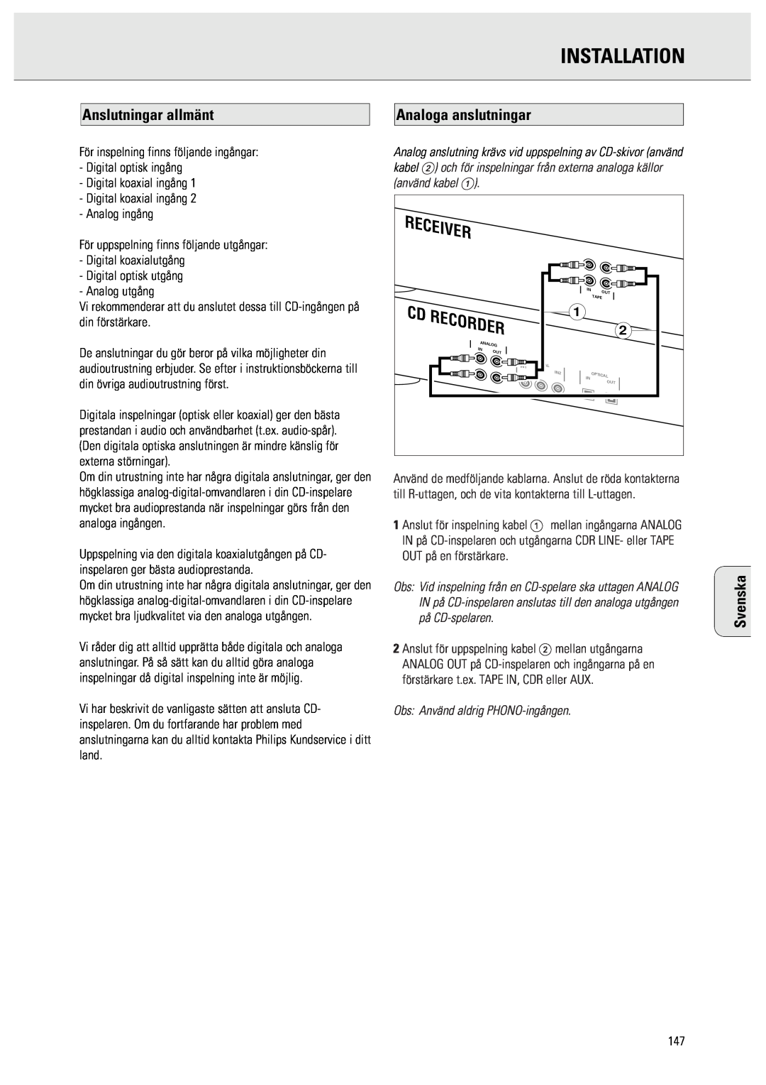 Philips CDR950/951 manual Installation, Anslutningar allmänt, Analoga anslutningar, Receiver, Recorder, Svenska 