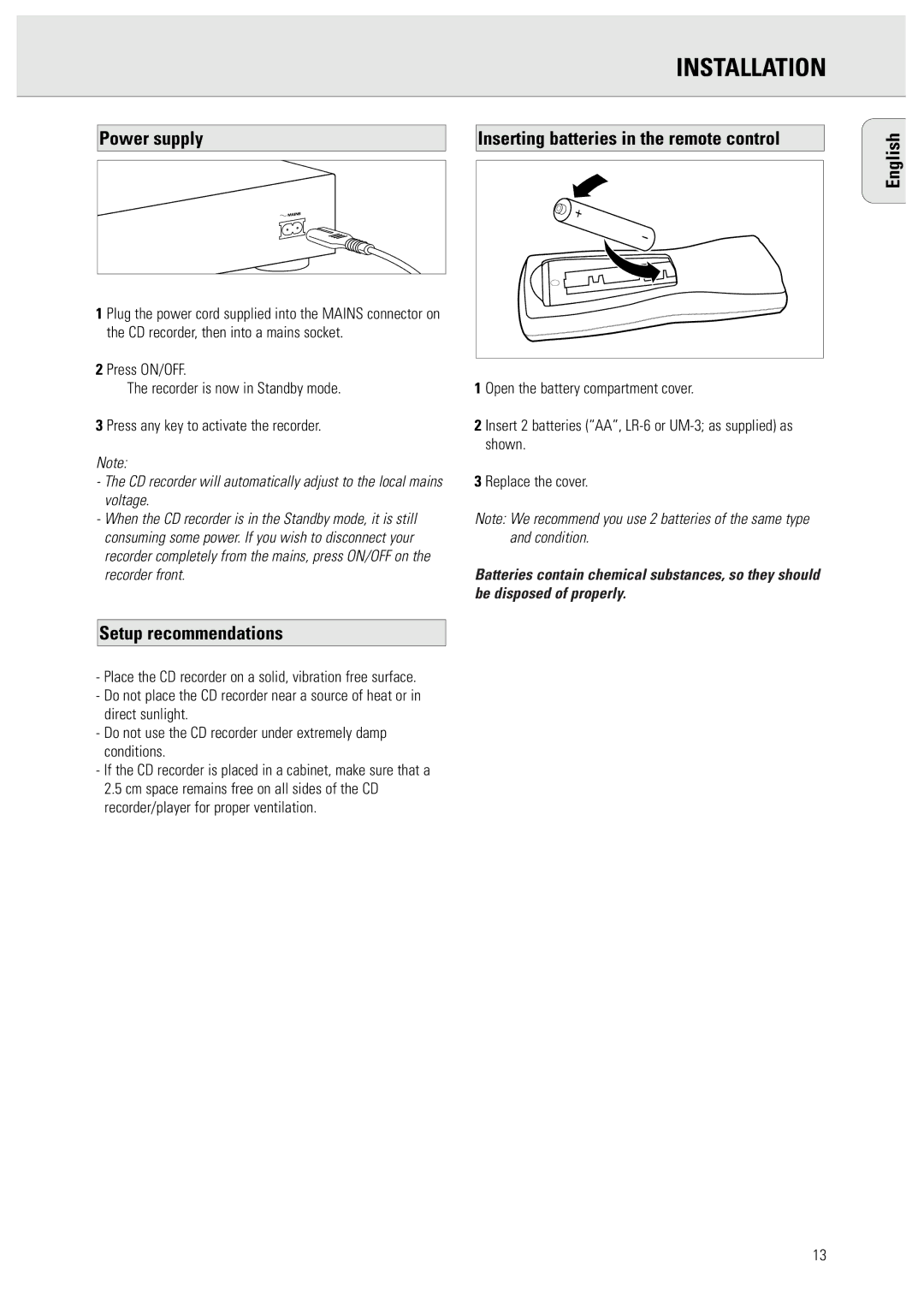 Philips CDR951 manual Setup recommendations 