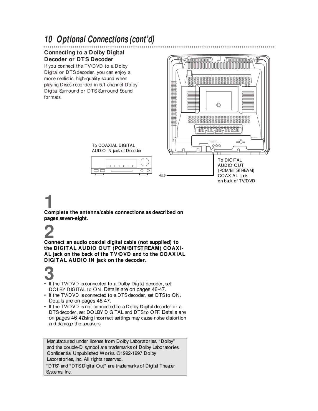 Philips CDV19BPH owner manual Optional Connections cont’d, Connecting to a Dolby Digital Decoder or DTS Decoder 