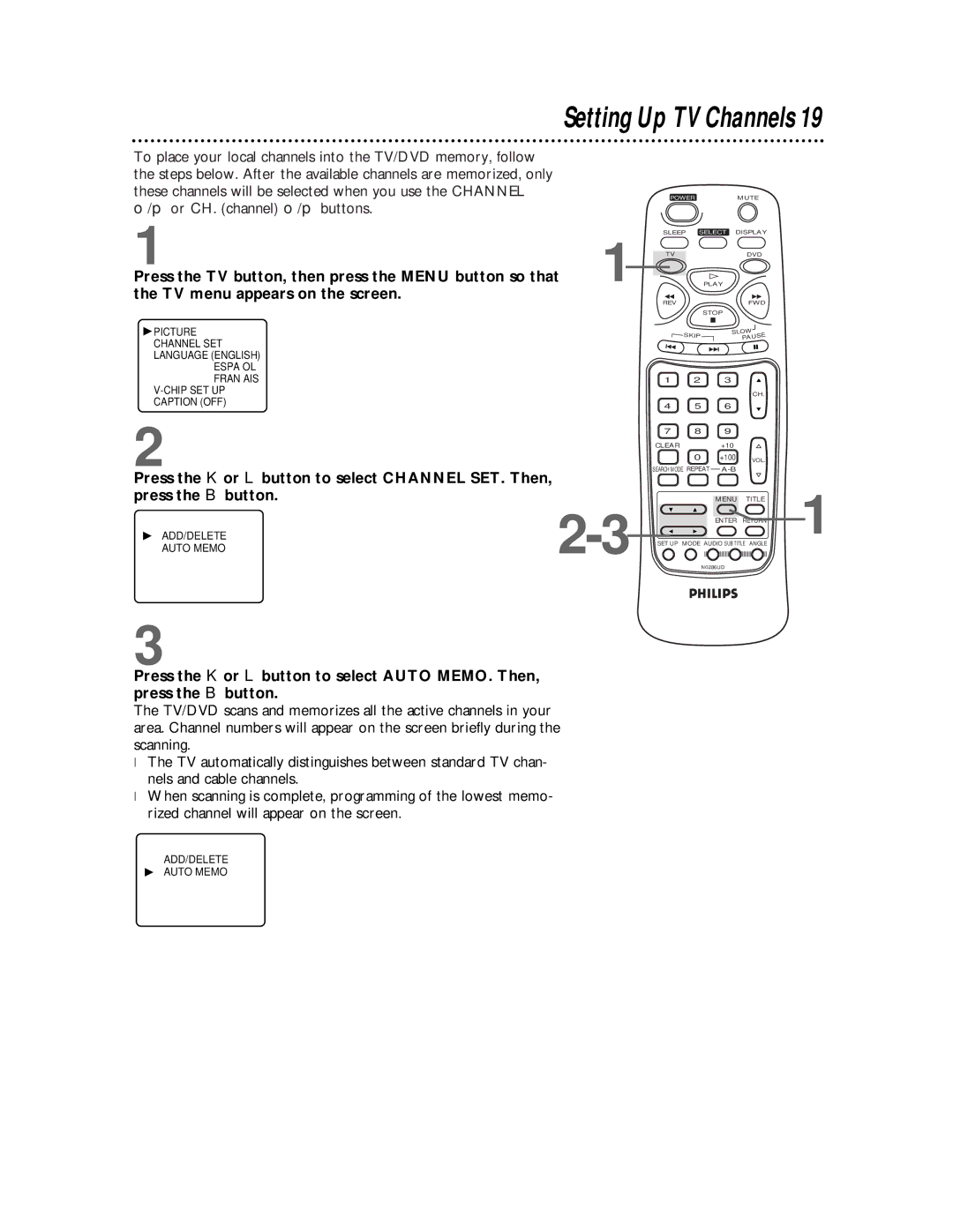 Philips CDV19BPH owner manual Setting Up TV Channels, TV menu appears on the screen 