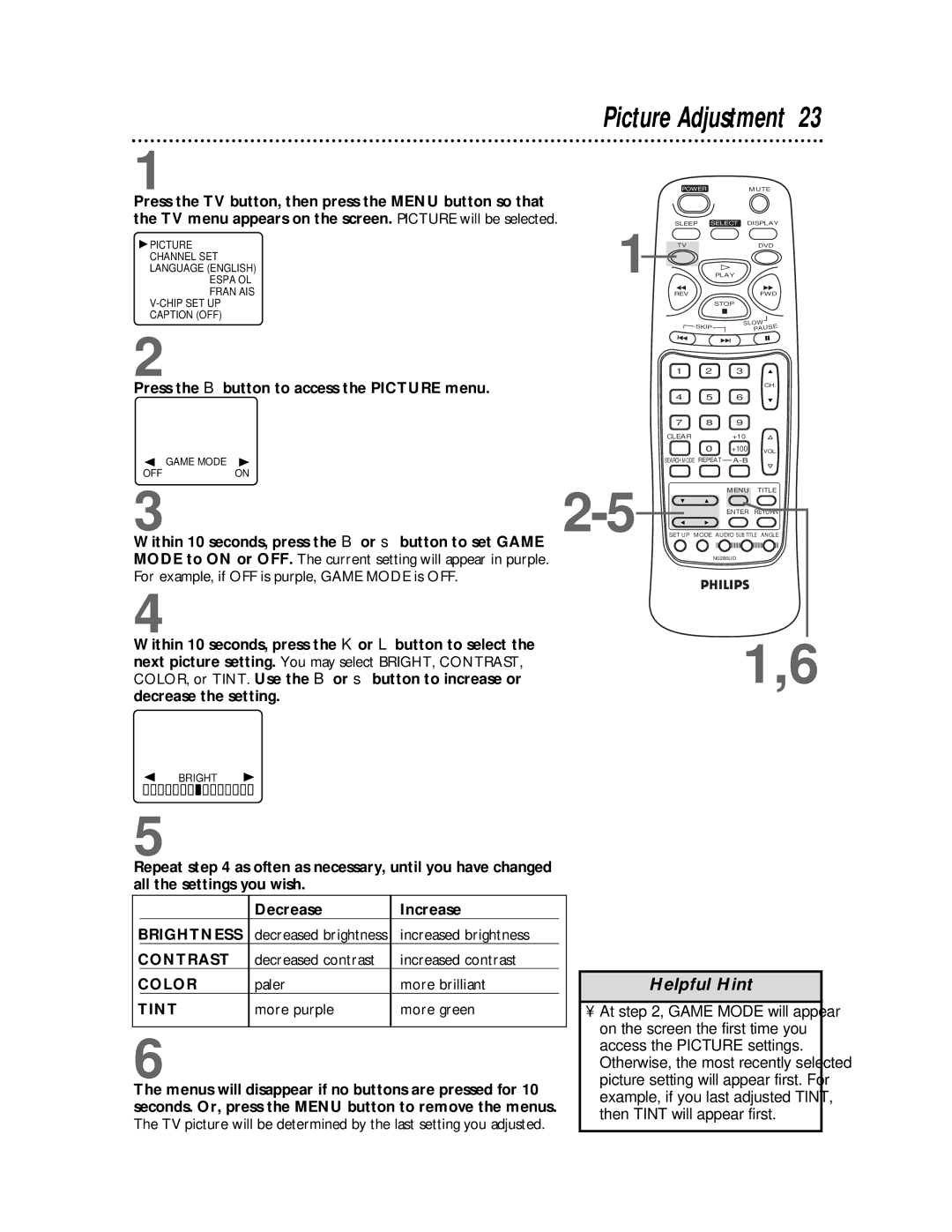 Philips CDV19BPH owner manual Picture Adjustment, Press the B button to access the Picture menu 