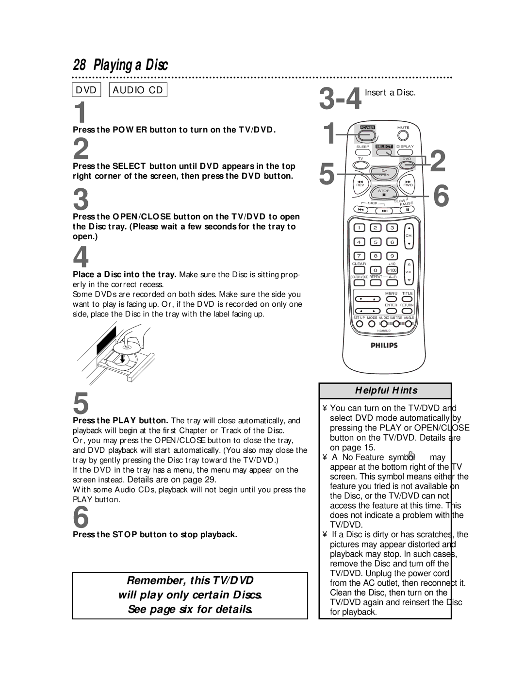 Philips CDV19BPH owner manual Playing a Disc, Press the Stop button to stop playback 