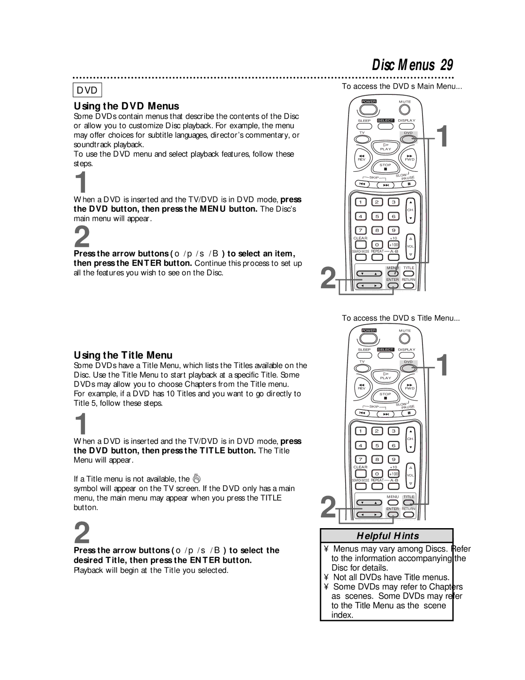 Philips CDV19BPH owner manual Disc Menus, Using the DVD Menus, Using the Title Menu 