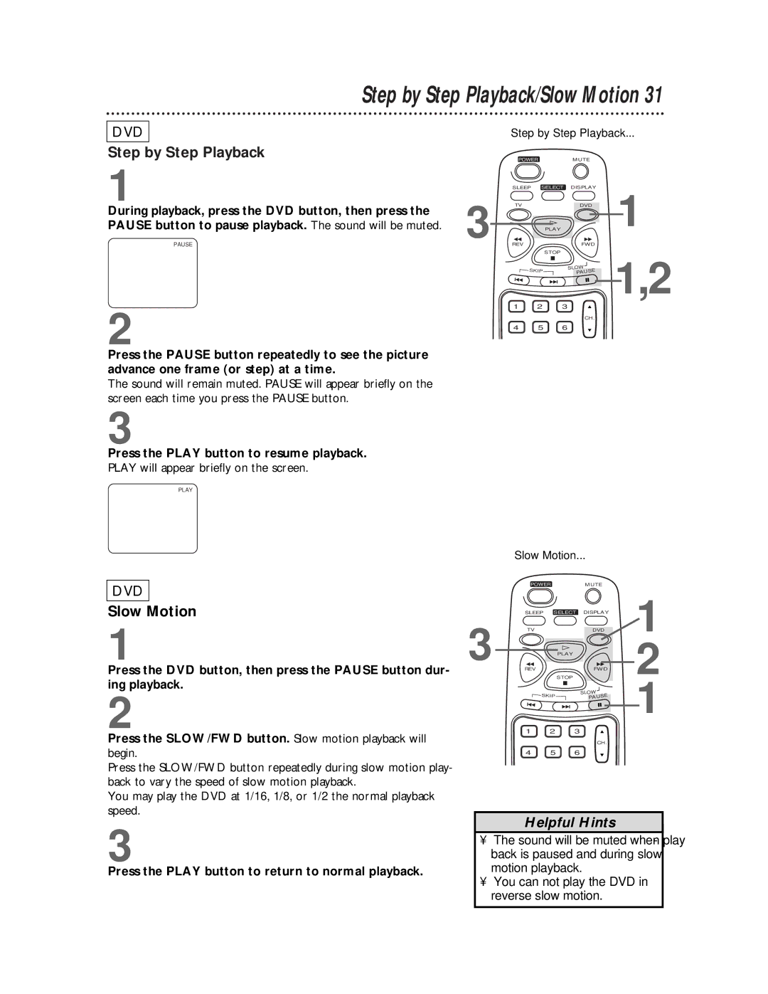 Philips CDV19BPH owner manual Step by Step Playback, Slow Motion, Play will appear briefly on the screen 