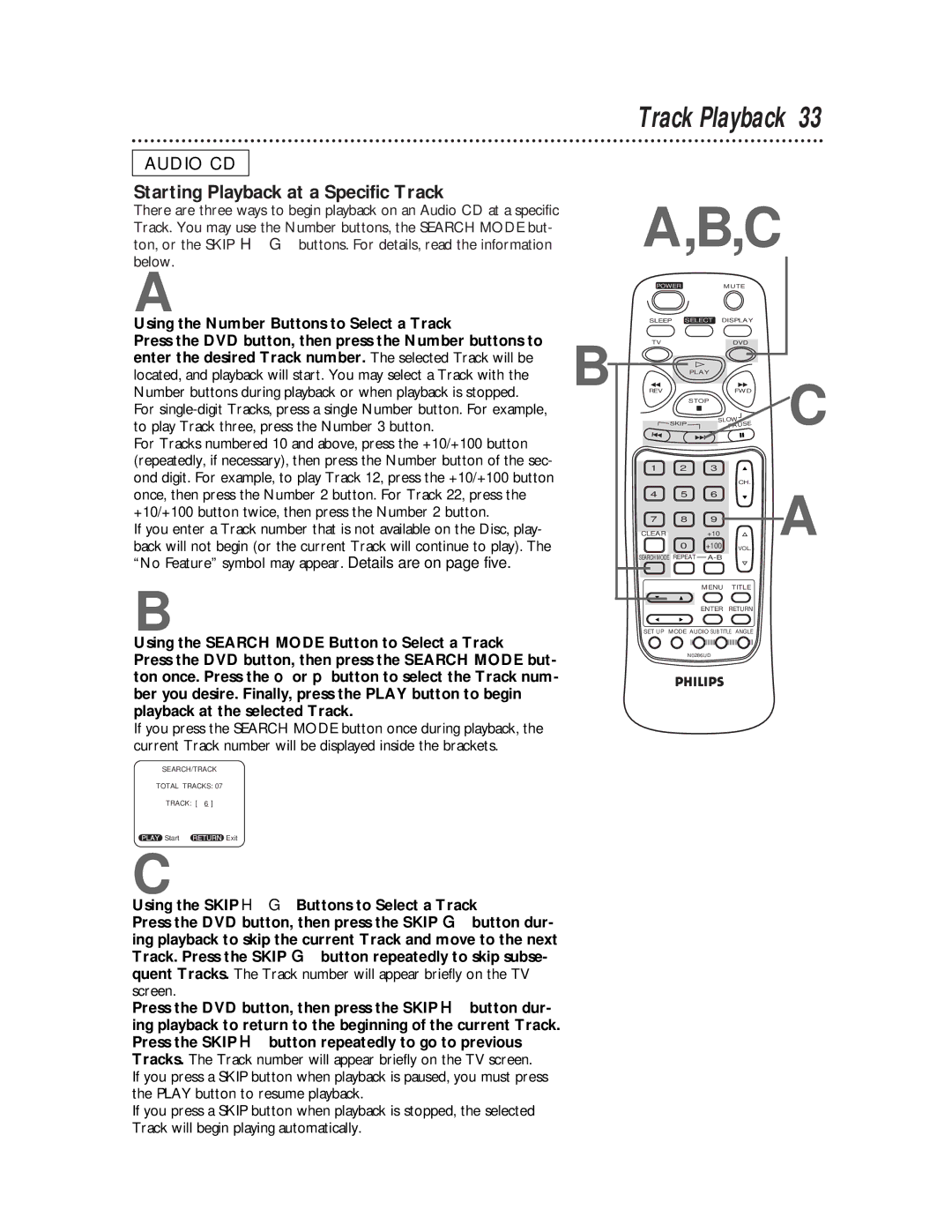 Philips CDV19BPH Track Playback, Starting Playback at a Specific Track, Using the Number Buttons to Select a Track 