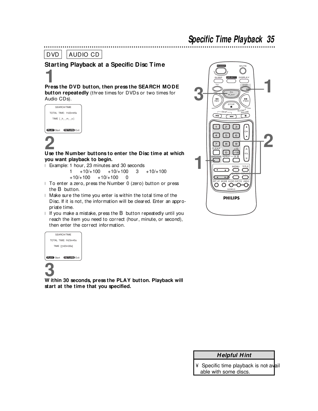 Philips CDV19BPH owner manual Specific Time Playback, Starting Playback at a Specific Disc Time, You want playback to begin 