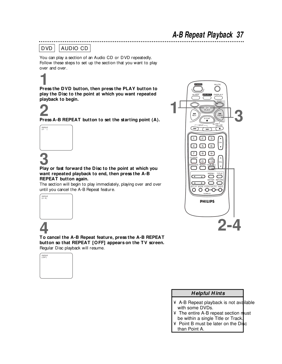 Philips CDV19BPH owner manual Repeat playback is not available with some DVDs 