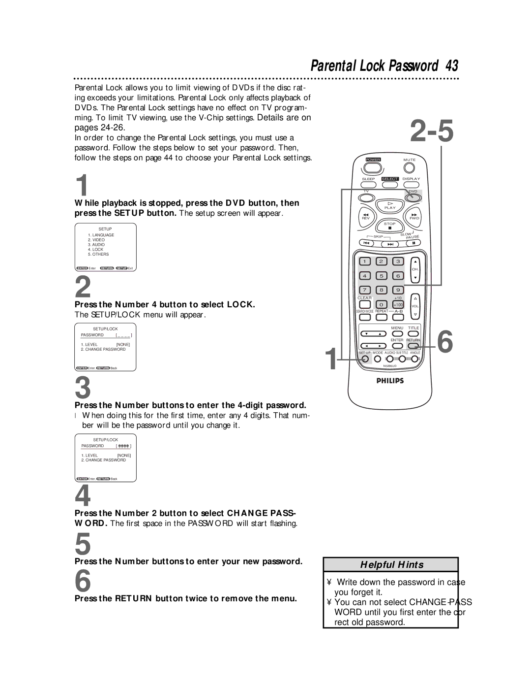 Philips CDV19BPH owner manual Parental Lock Password, Press the Number 4 button to select Lock, SETUP/LOCK menu will appear 