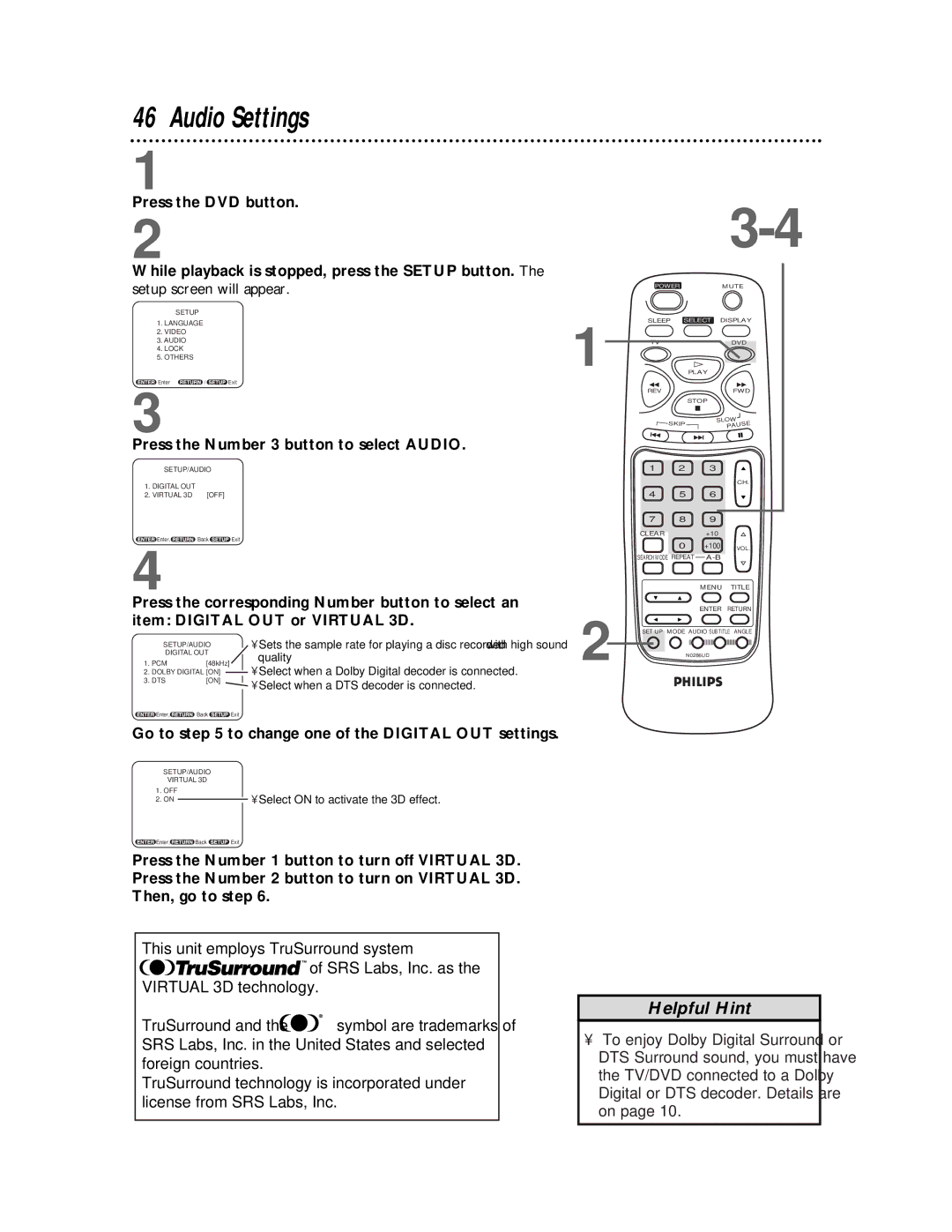 Philips CDV19BPH owner manual Audio Settings, Press the Number 3 button to select Audio 