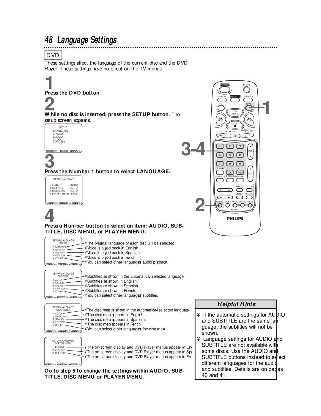 Philips CDV19BPH owner manual Language Settings, Press the Number 1 button to select Language 