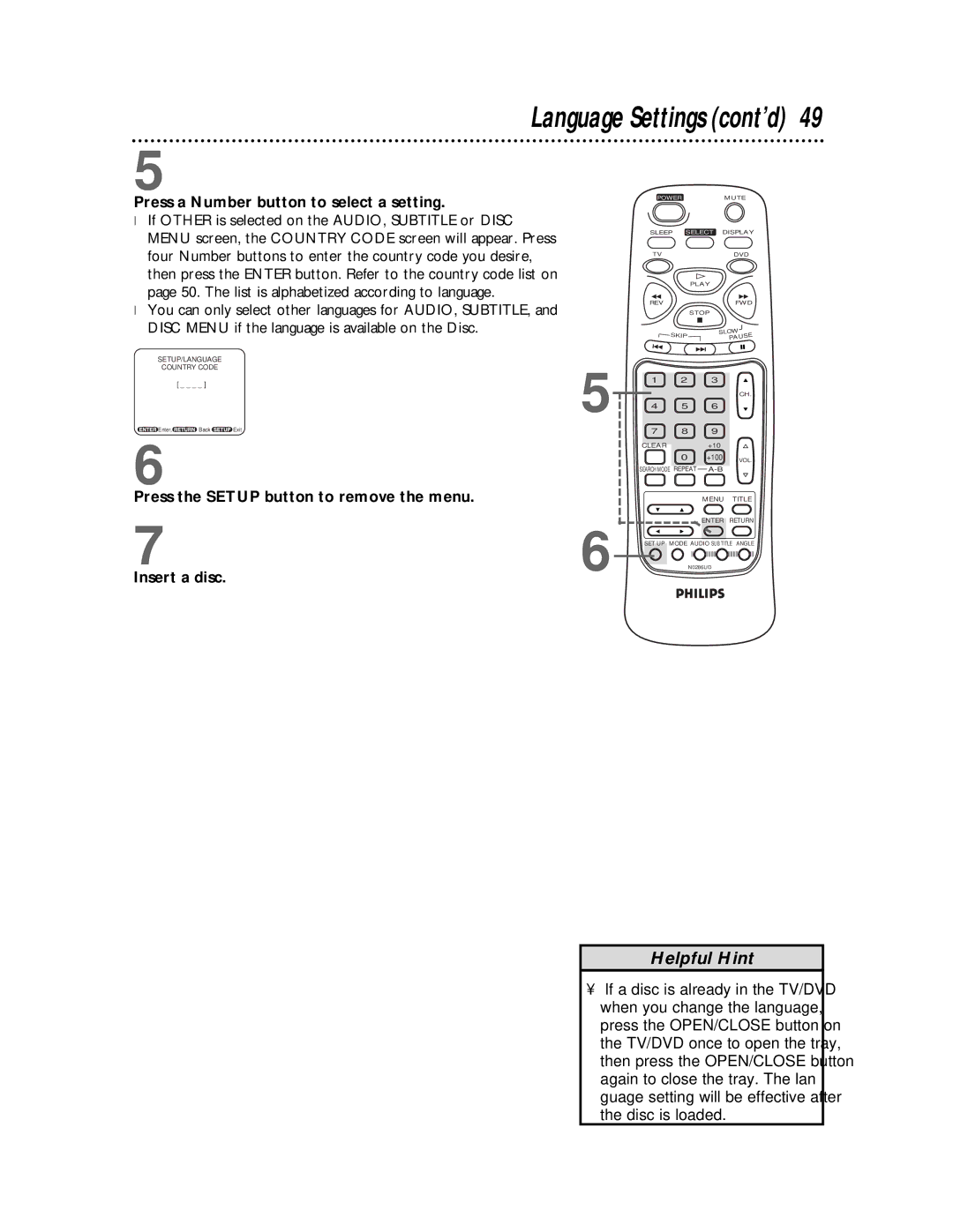 Philips CDV19BPH owner manual Language Settings cont’d, Press a Number button to select a setting 