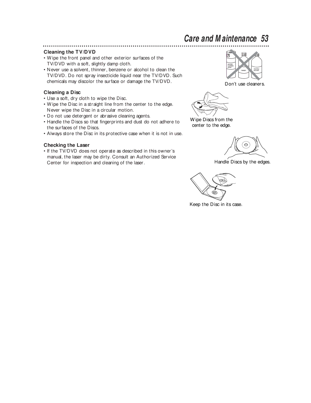 Philips CDV19BPH owner manual Care and Maintenance, Cleaning the TV/DVD, Cleaning a Disc, Checking the Laser 