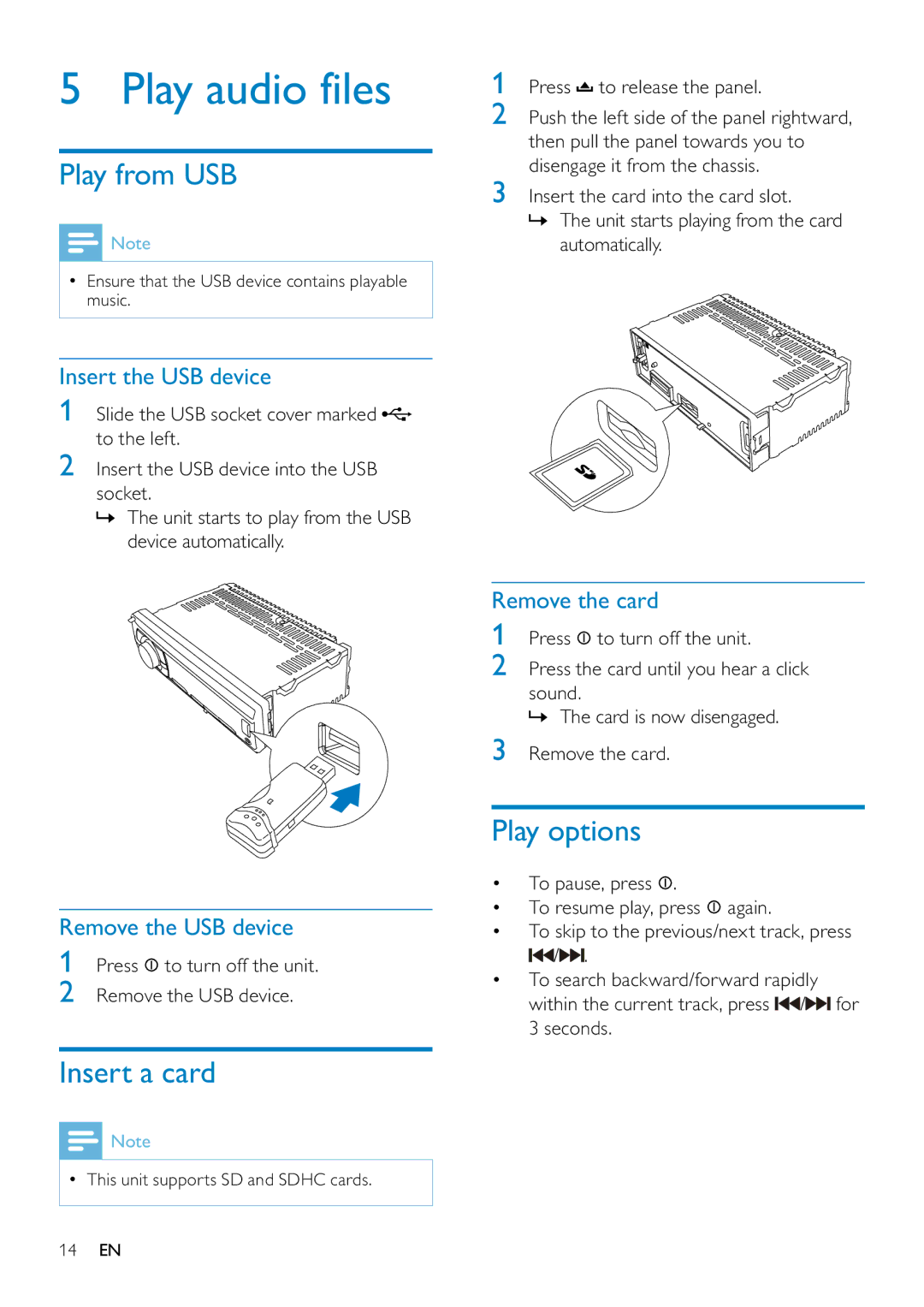 Philips CE130 user manual Play audio files, Play from USB, Insert a card, Play options 