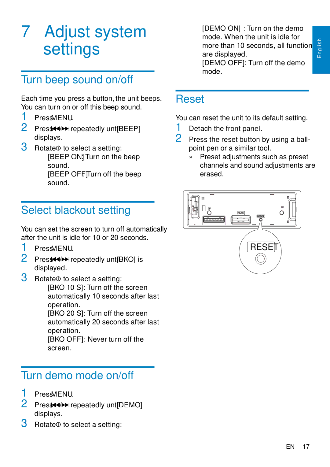 Philips CE130 user manual Turn beep sound on/off, Reset, Select blackout setting, Turn demo mode on/off 