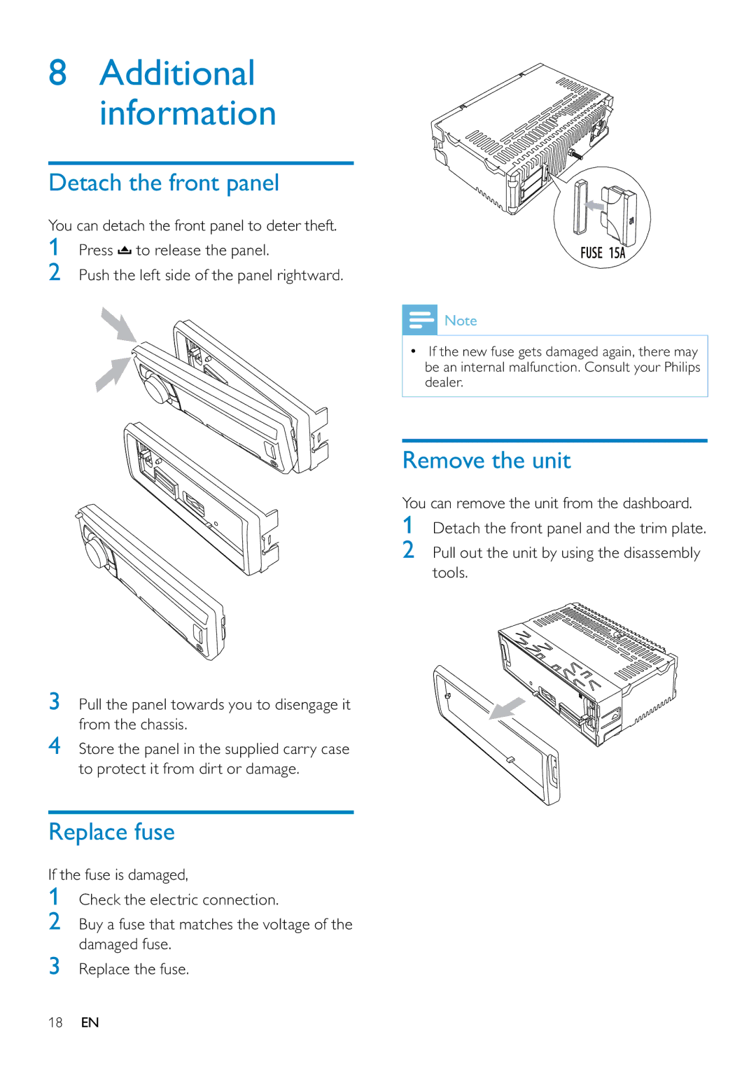 Philips CE130 user manual Additional information, Detach the front panel, Replace fuse, Remove the unit 