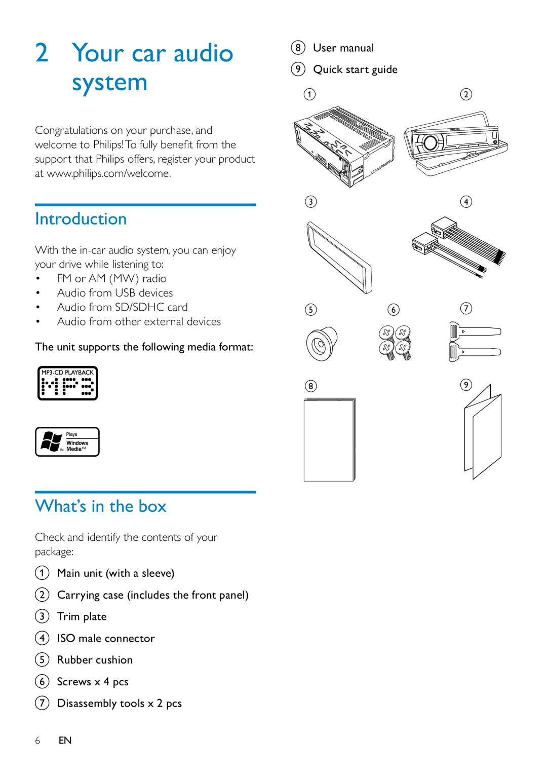 Philips CE130 user manual Your car audio system, Introduction, What’s in the box, Quick start guide 