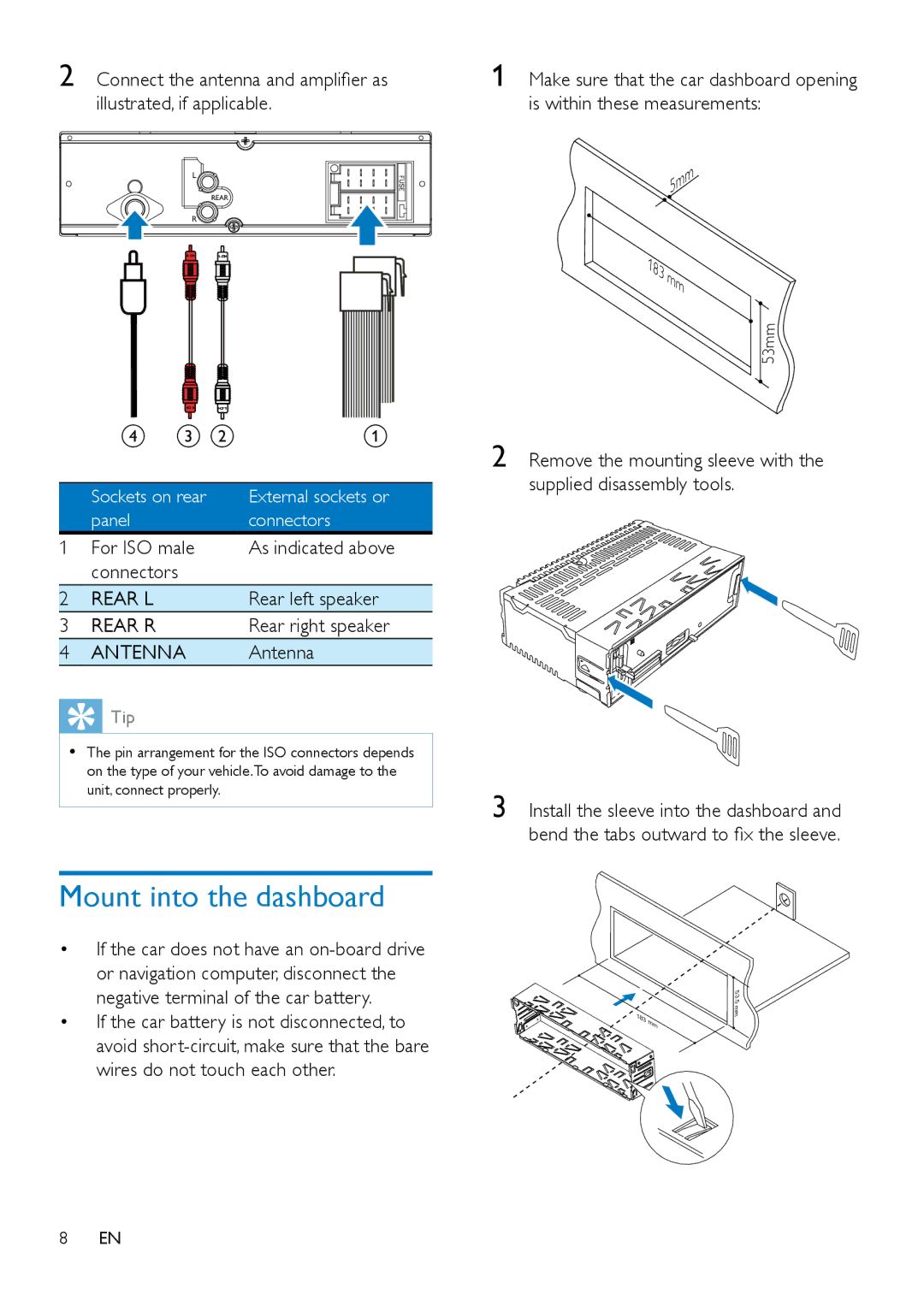 Philips CE132 user manual Mount into the dashboard, Rear L, Rear R, Antenna 