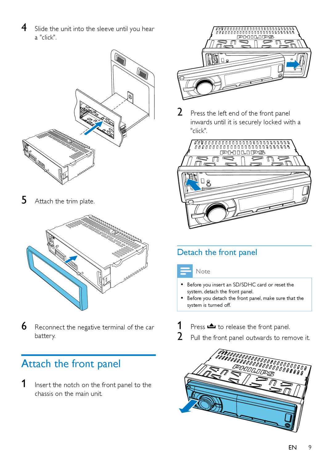 Philips CE132 user manual Attach the front panel, Detach the front panel 