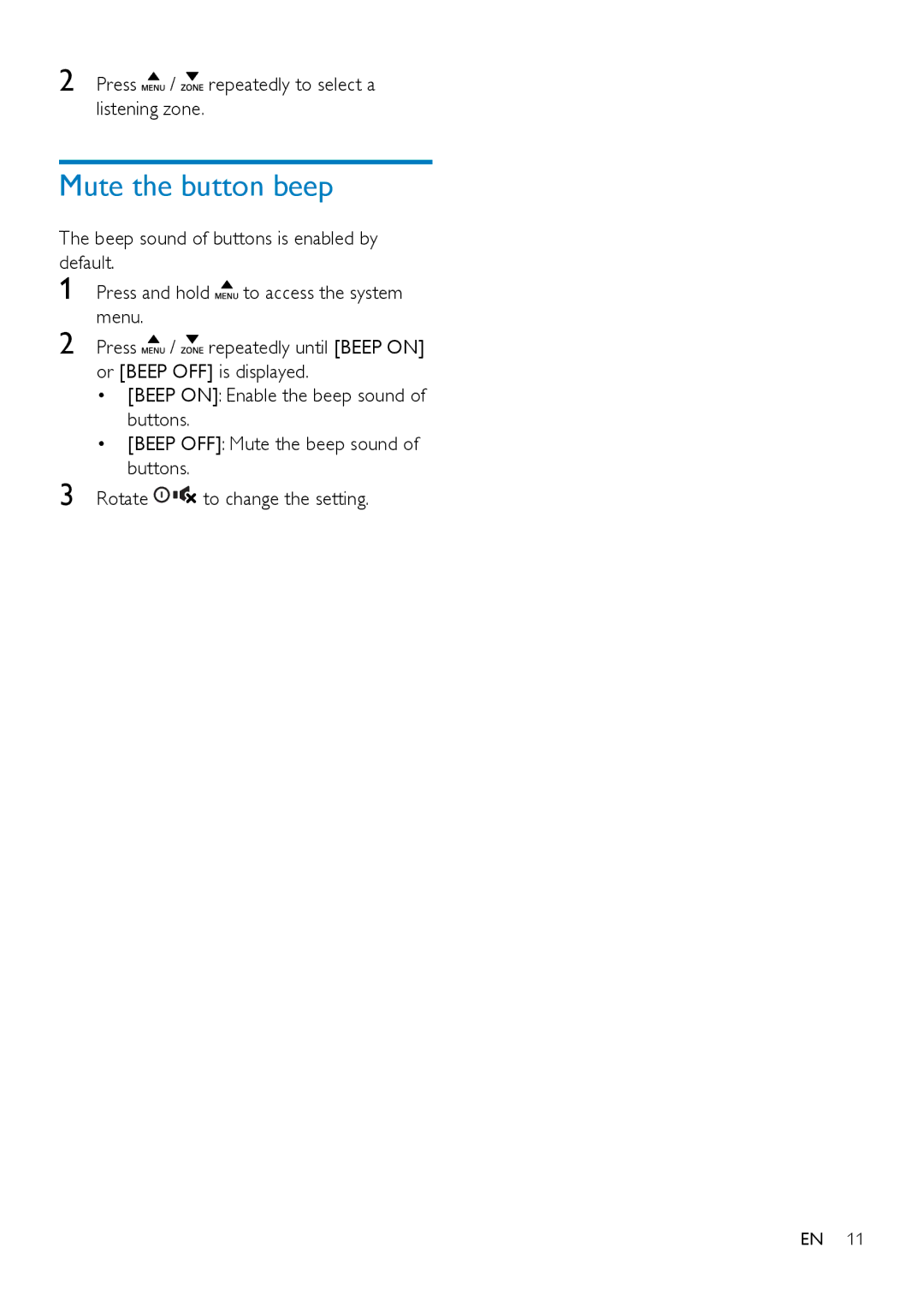 Philips CE132 user manual Mute the button beep, Press / repeatedly to select a listening zone, Buttons 