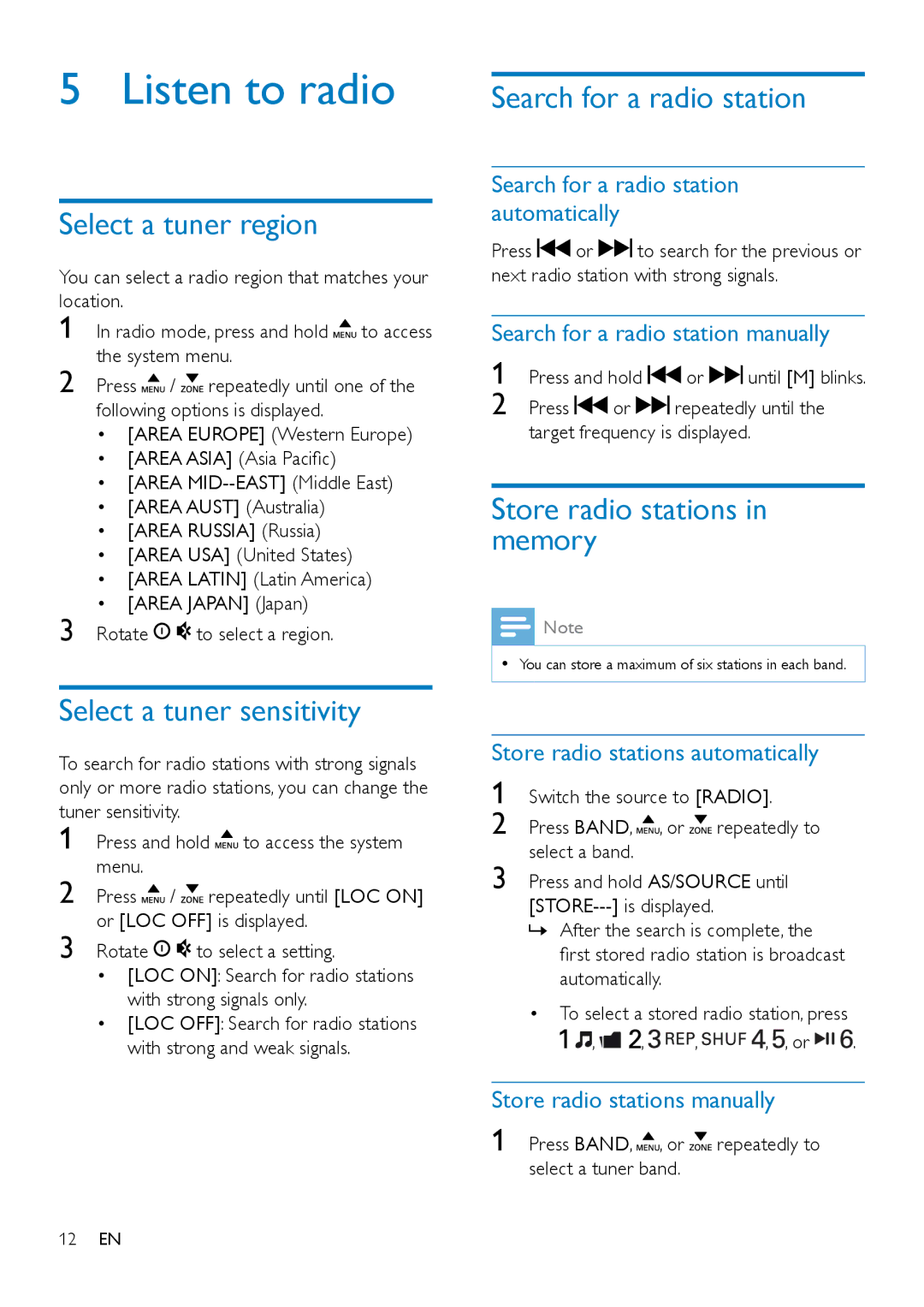 Philips CE132 user manual Listen to radio, Select a tuner region, Select a tuner sensitivity, Search for a radio station 