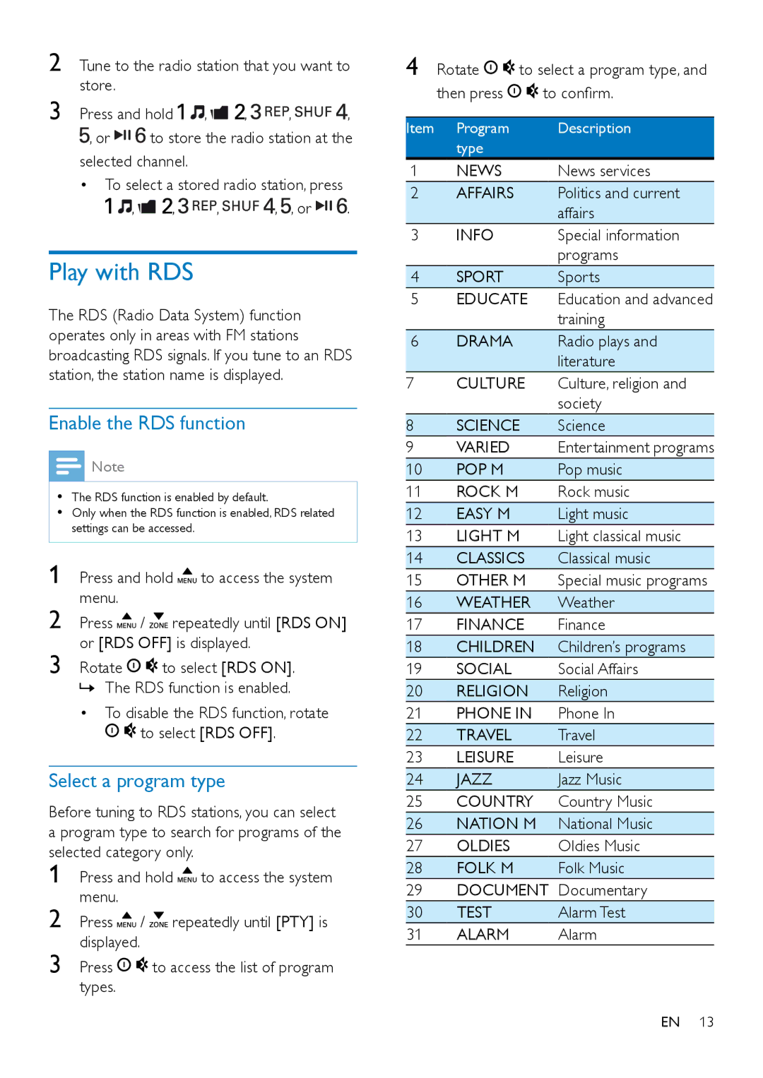 Philips CE132 user manual Play with RDS, Enable the RDS function, Select a program type 