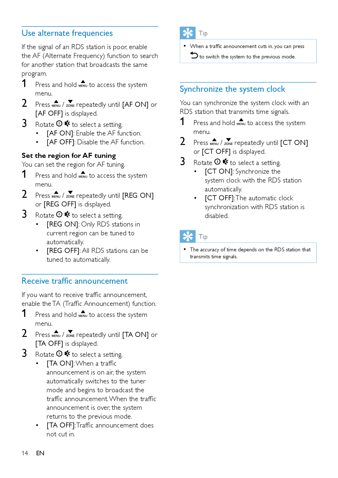 Philips CE132 user manual Use alternate frequencies, Receive traffic announcement, Synchronize the system clock 