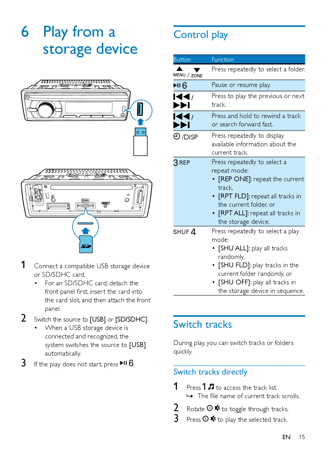 Philips CE132 user manual Control play, Switch tracks directly, Disp 