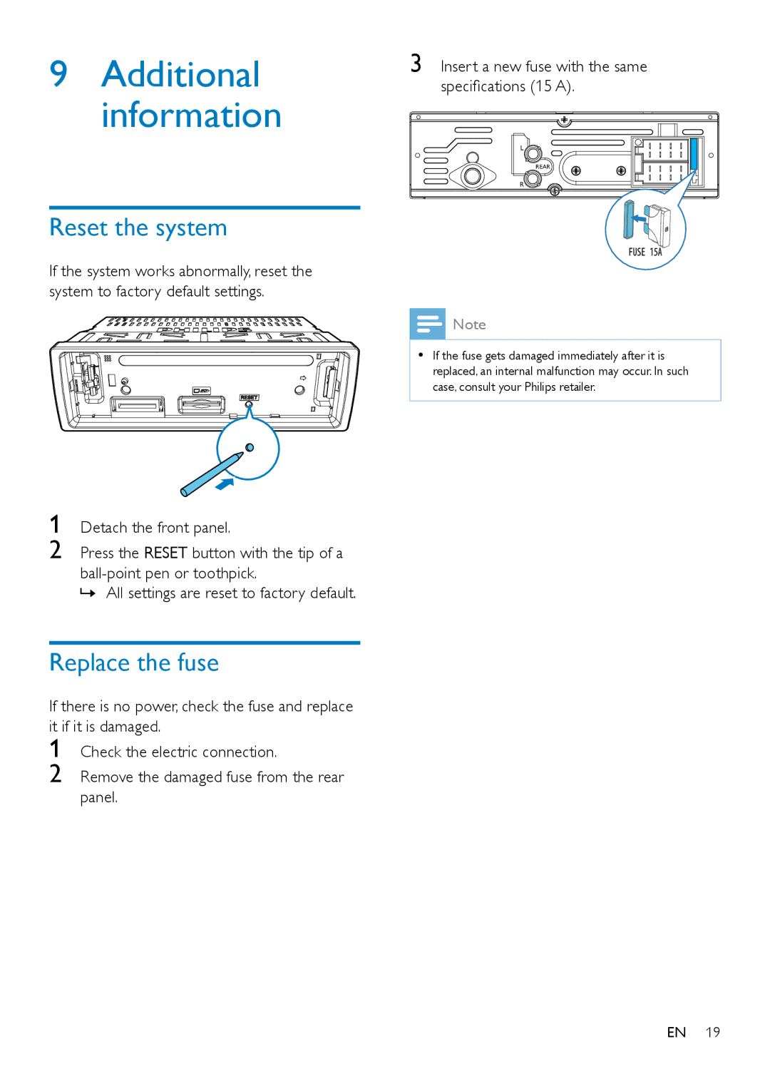 Philips CE132 user manual Additional information, Reset the system, Replace the fuse 