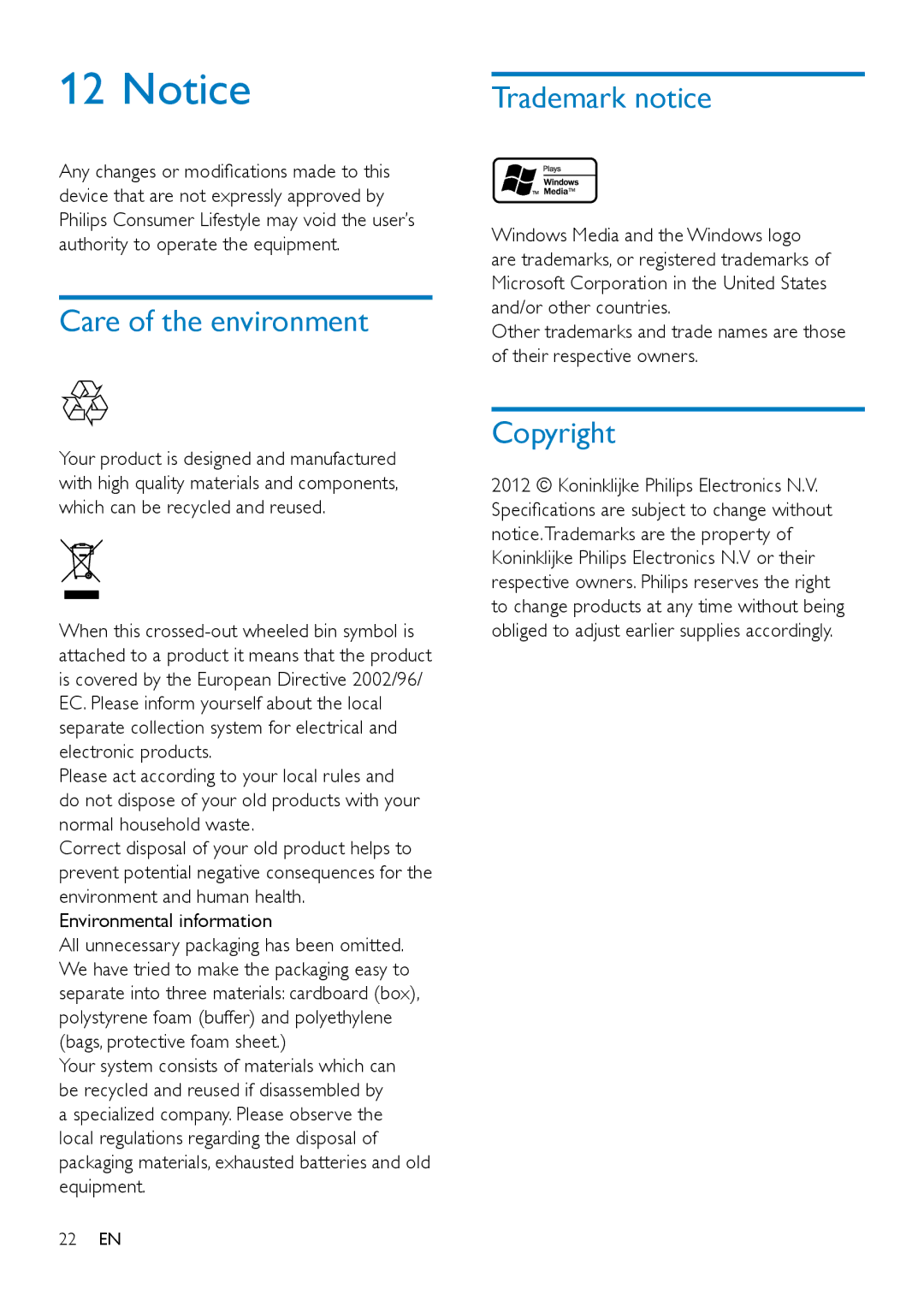 Philips CE132 user manual Care of the environment, Trademark notice, Copyright, Environmental information 