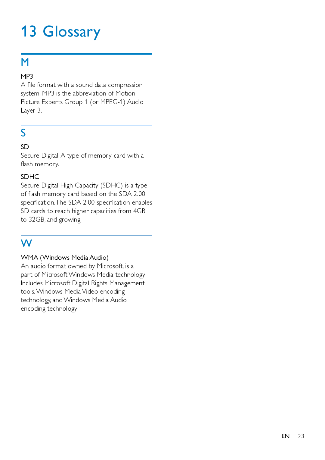 Philips CE132 user manual Glossary, MP3, Sdhc, WMA Windows Media Audio 