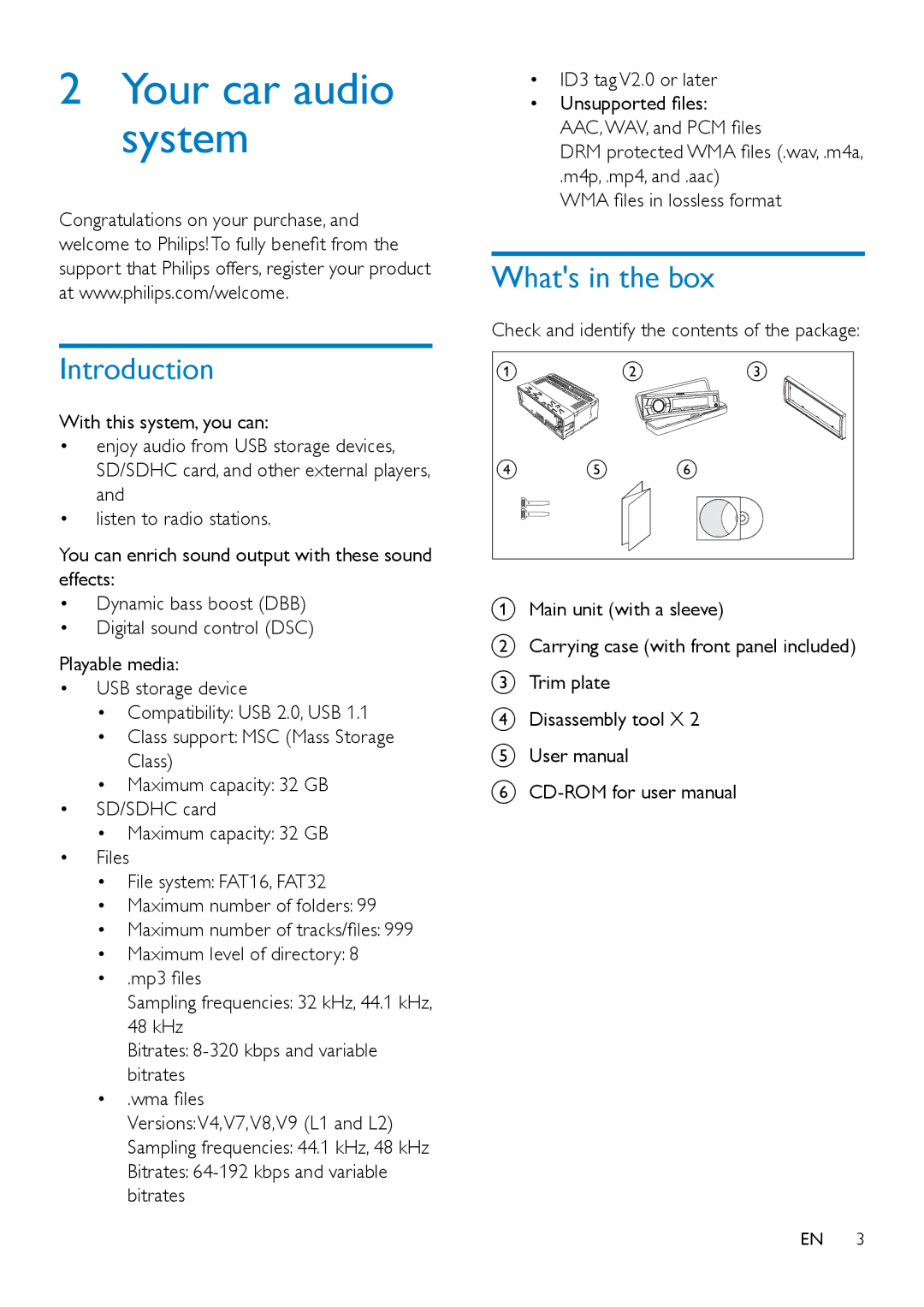 Philips CE132 user manual Your car audio system, Introduction, Whats in the box 