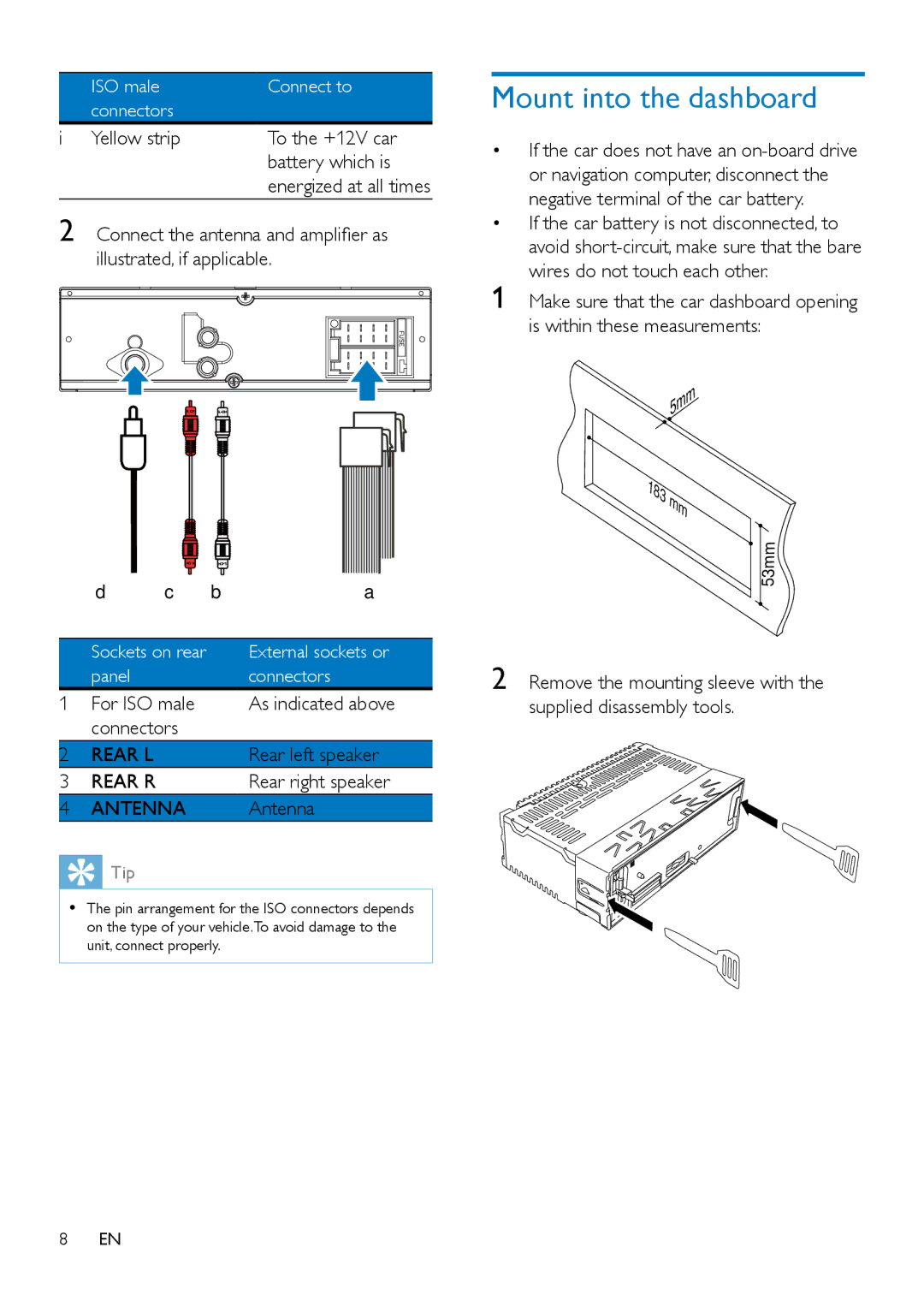 Philips CE132 user manual Mount into the dashboard, Rear L, Rear R, Antenna 