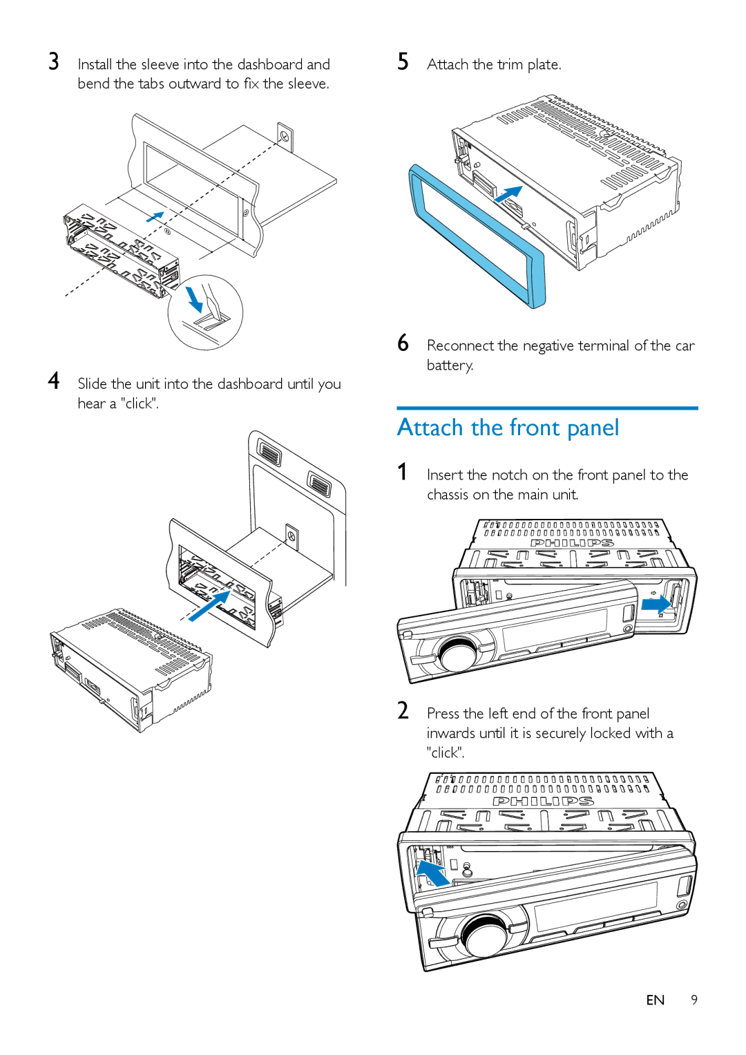 Philips CE132 user manual Attach the front panel, Bend the tabs outward to fix the sleeve 