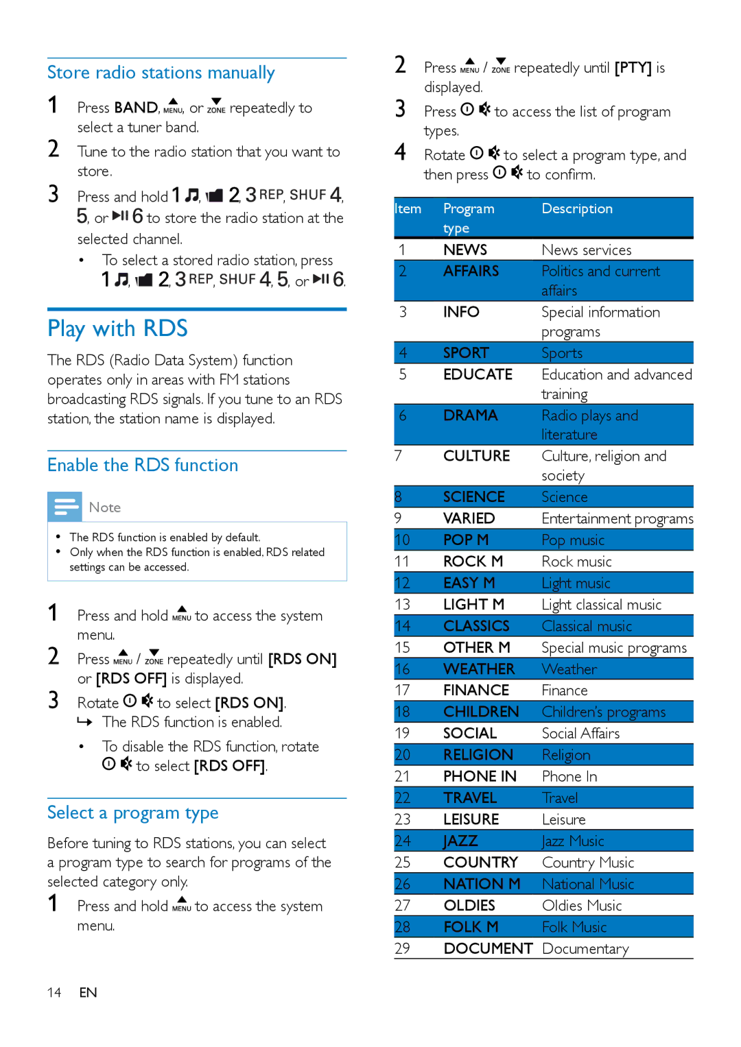 Philips CE132 user manual Play with RDS, Store radio stations manually, Enable the RDS function, Select a program type 