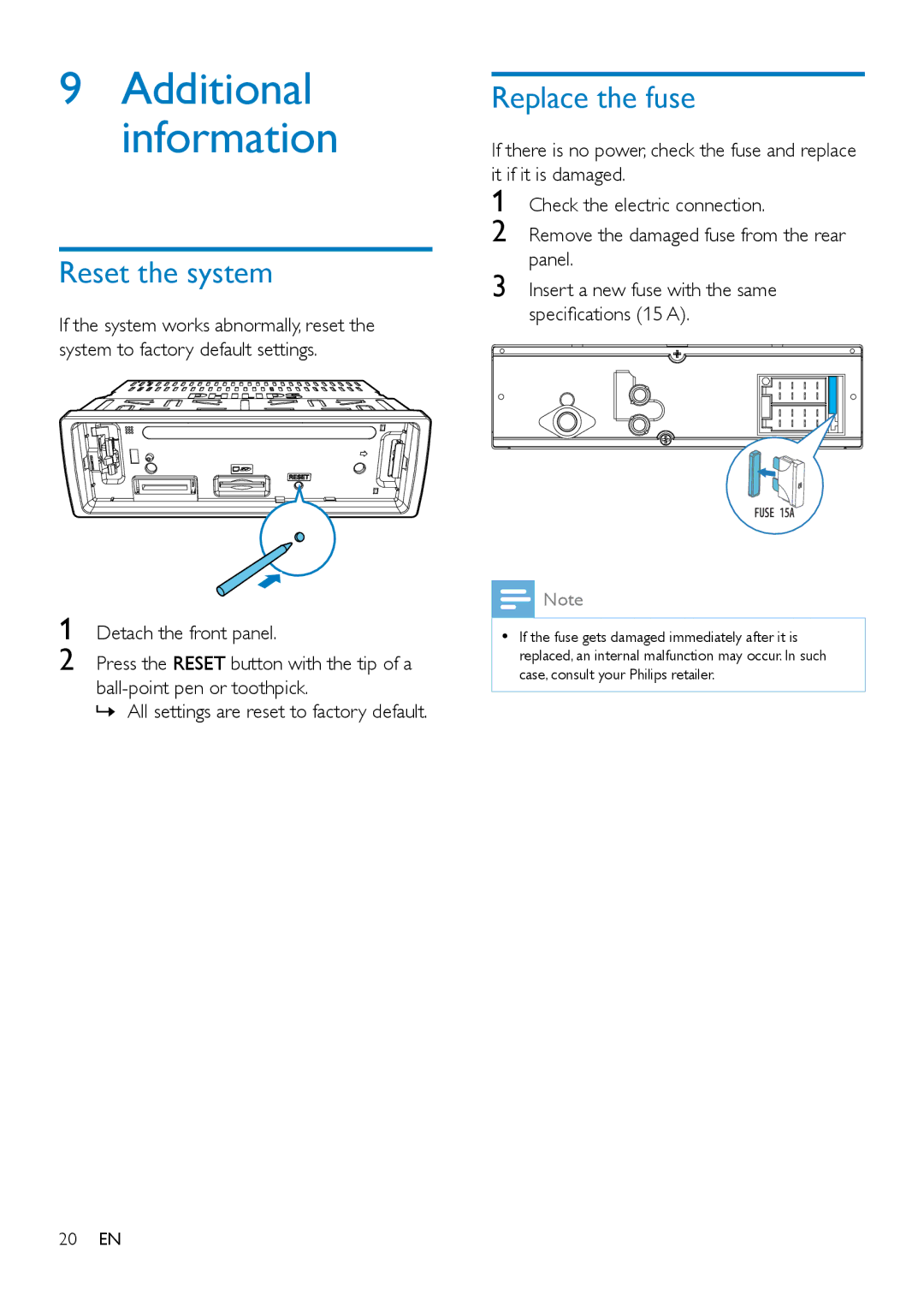 Philips CE132 user manual Additional information, Reset the system, Replace the fuse 