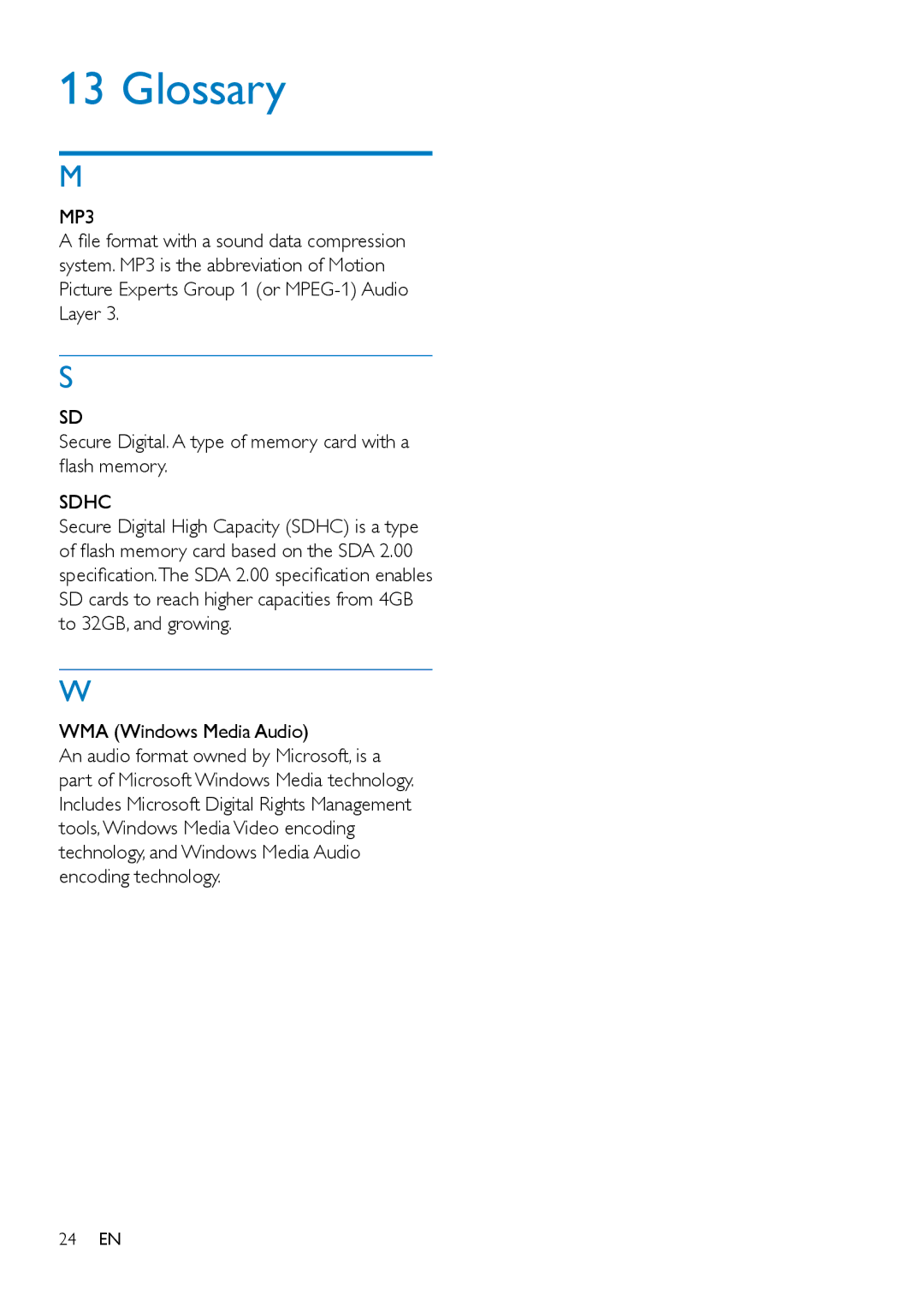 Philips CE132 user manual Glossary, MP3, Sdhc, WMA Windows Media Audio 